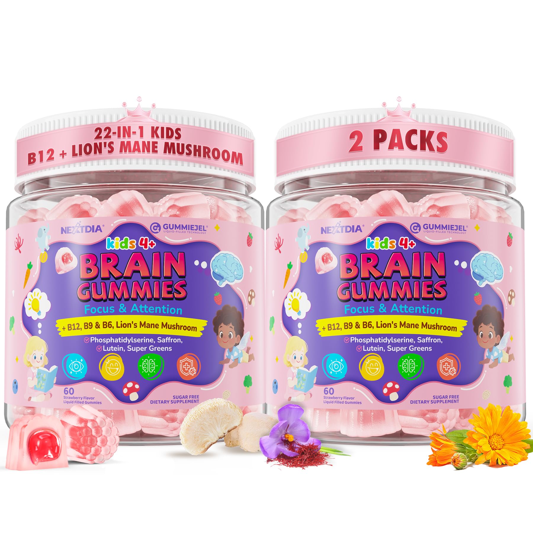 Kids Brain Gummies with Lion's Mane Mushroom, Methyl B6, B9, B12, Supper Greens, Lutein, Brain Booster Supplement for Focus & Attention, Cognitive Function, Vision & Energy, Sugar Free, Vegan 2 Pack NextdiaAu supplements