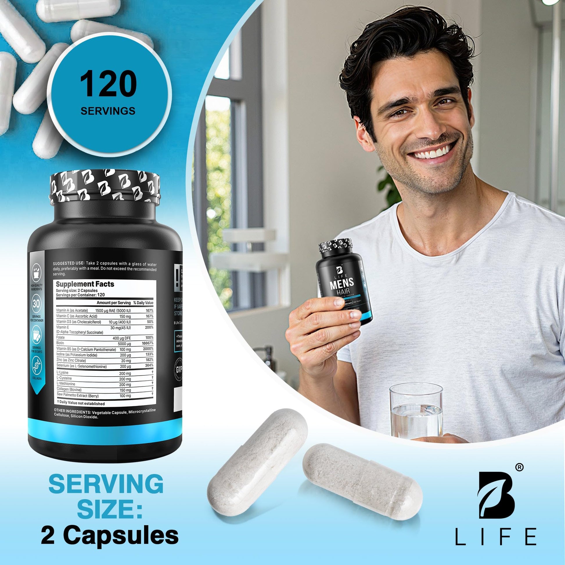 Men’s Hair Growth Supplement – Biotin & Collagen Hair Vitamins for Men – Thicker, Fuller Hair, Nail & Scalp Support – Hair Loss Supplement with Zinc, Selenium & Vitamins A C D E – 240 Capsules B Life CompanyAu supplements
