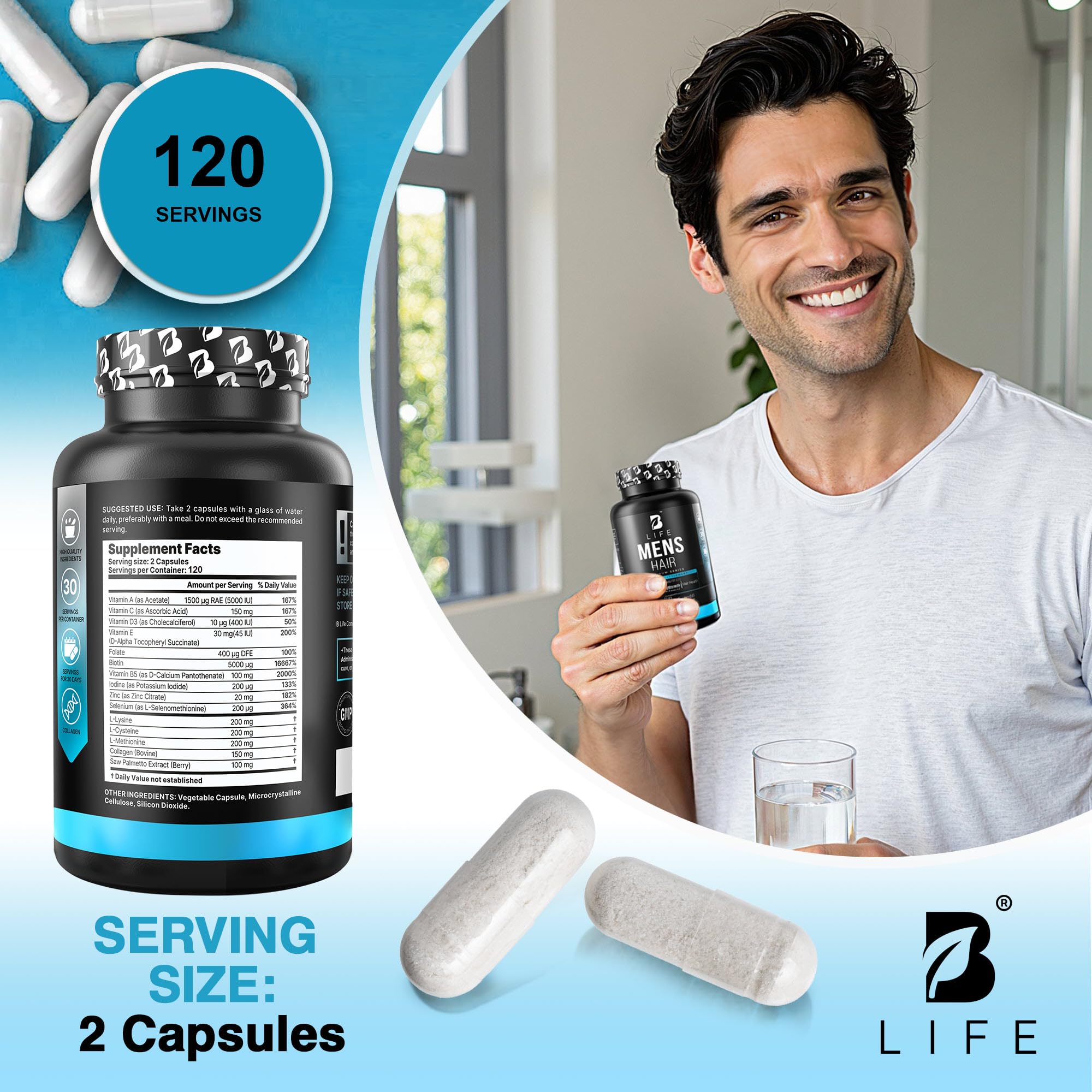 Men’s Hair Growth Supplement – Biotin & Collagen Hair Vitamins for Men – Thicker, Fuller Hair, Nail & Scalp Support – Hair Loss Supplement with Zinc, Selenium & Vitamins A C D E – 240 Capsules B Life CompanyAu supplements