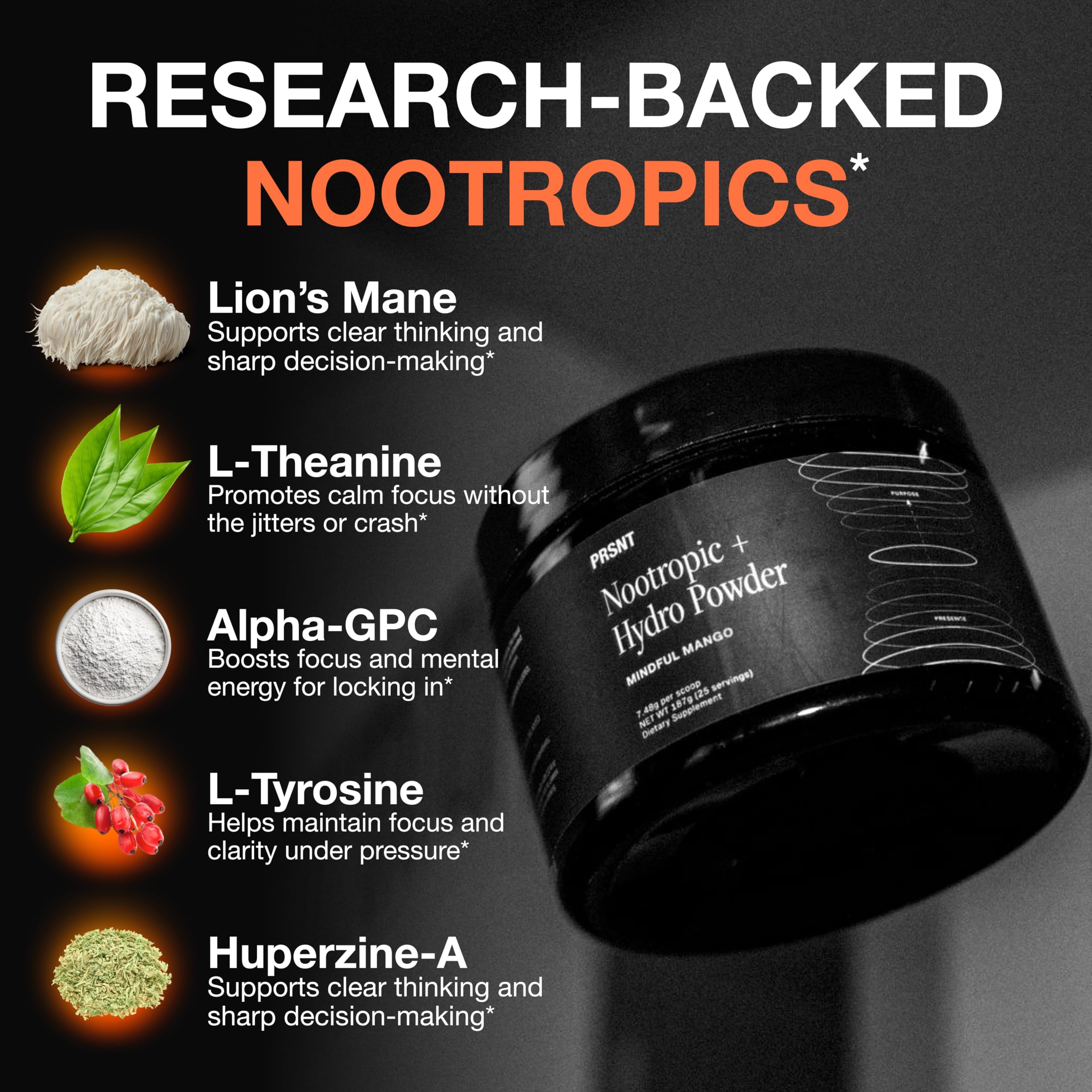 PRSNT Nootropic Focus Powder | Mango 25 Servings | Caffeine-Free, Sugar-Free | Supports Focus, Energy, Mental Clarity | Nootropic + Electrolytes Hydration Focus Drink Mix PRSNTAu supplements