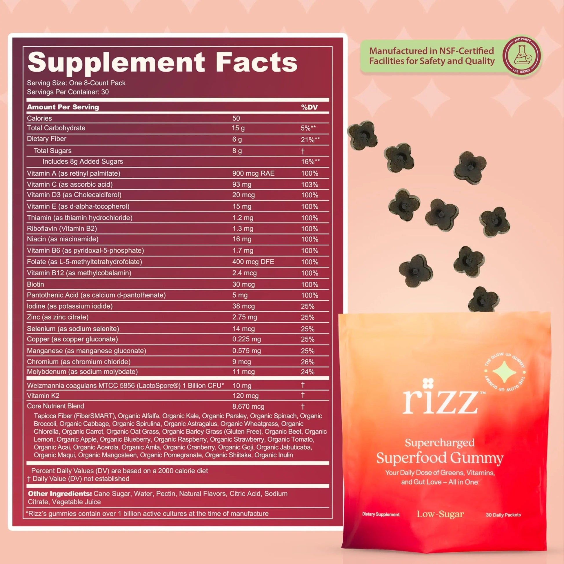 Rizz Low Sugar Green Gummies - 60+ Superfoods 6g Fiber - Prebiotic and Probiotic Gummies - Vegan Multivitamins for Women & Men RizzAu supplements