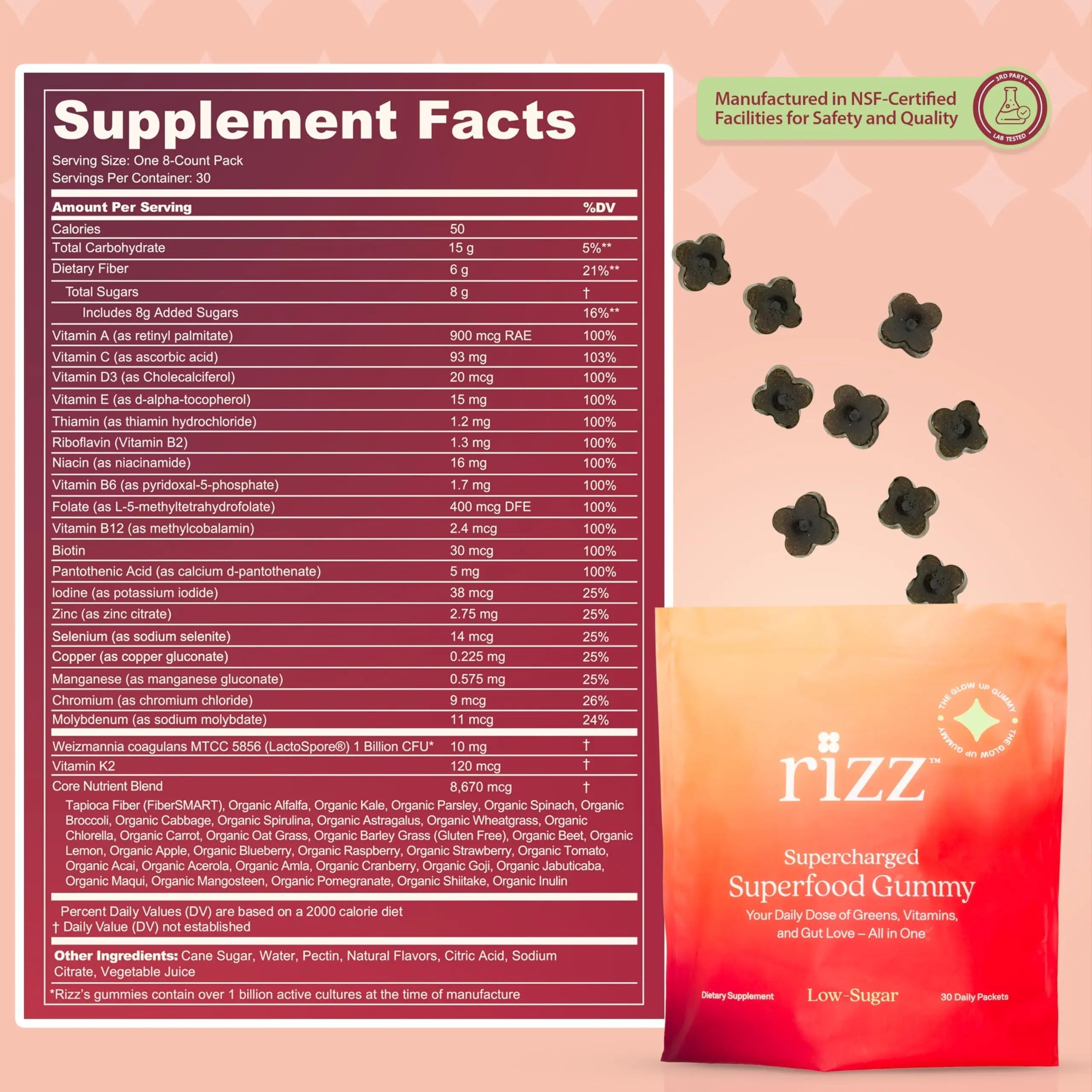Rizz Low Sugar Green Gummies - 60+ Superfoods 6g Fiber - Prebiotic and Probiotic Gummies - Vegan Multivitamins for Women & Men RizzAu supplements