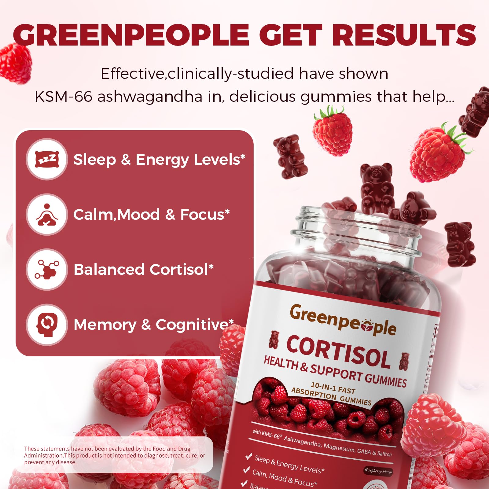GREENPEOPLE Cortisol Supplements for Women & Men - Cortisol Reducer Detox Manager w/KSM-66 Ashwagandha/Magnesium/L-theanine/GABA/Vitamin B6 for Mood/Sleep/Stress Relief 60 CT Raspberry Flavor Gummies GREENPEOPLEAu supplements