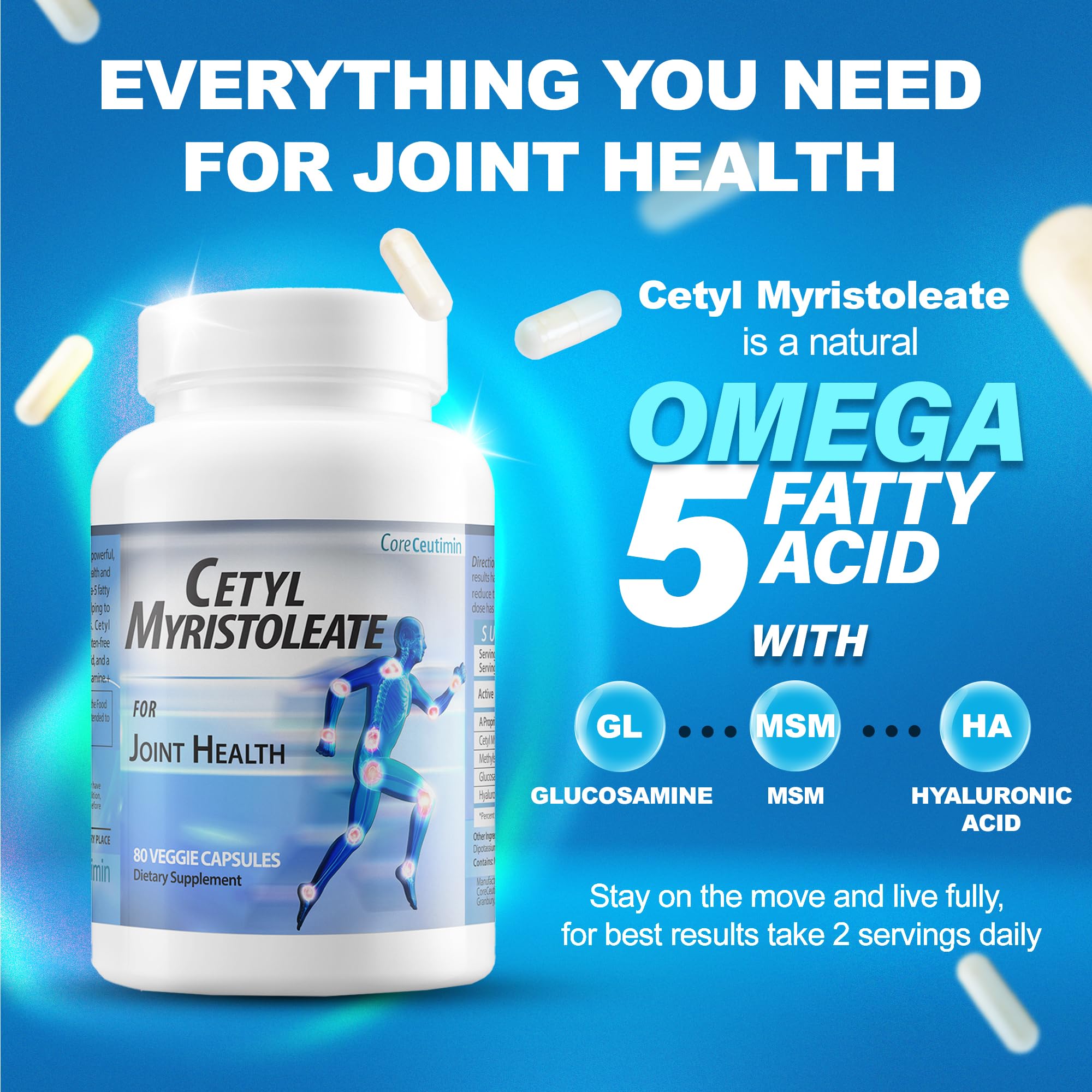 CoreCeutimin Cetyl Myristoleate - Omega 5 Fatty Acid - Ultra Support for Relief from Joint Discomfort and Stiffness - Also Includes Glucosamine, MSM & Hyaluronic Acid - 80 Capsules CoreCeutiminAu supplements