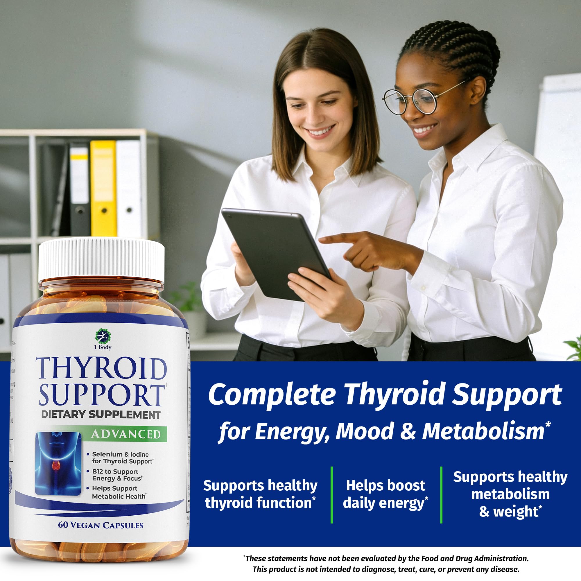 1 Body Thyroid Support Supplement for Women and Men, Selenium with Iodine, Zinc, B12, Ashwagandha and L-Tyrosine, Supports Hormone Health, Energy and Metabolism, 30 Day Supply 1 BodyAu supplements