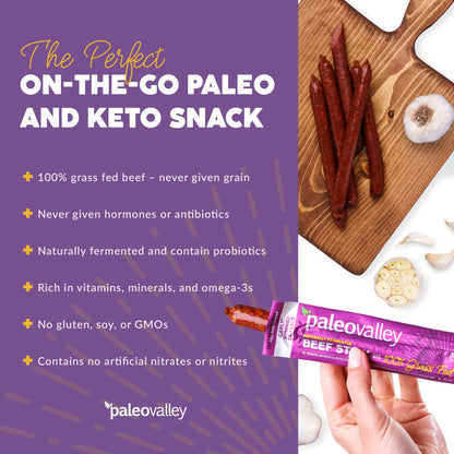 Paleovalley 100% Grass Fed Garlic Summer Sausage Beef Sticks - Delicious Gluten Free Beef Snack - High Protein Keto Friendly PaleovalleyUS supplements
