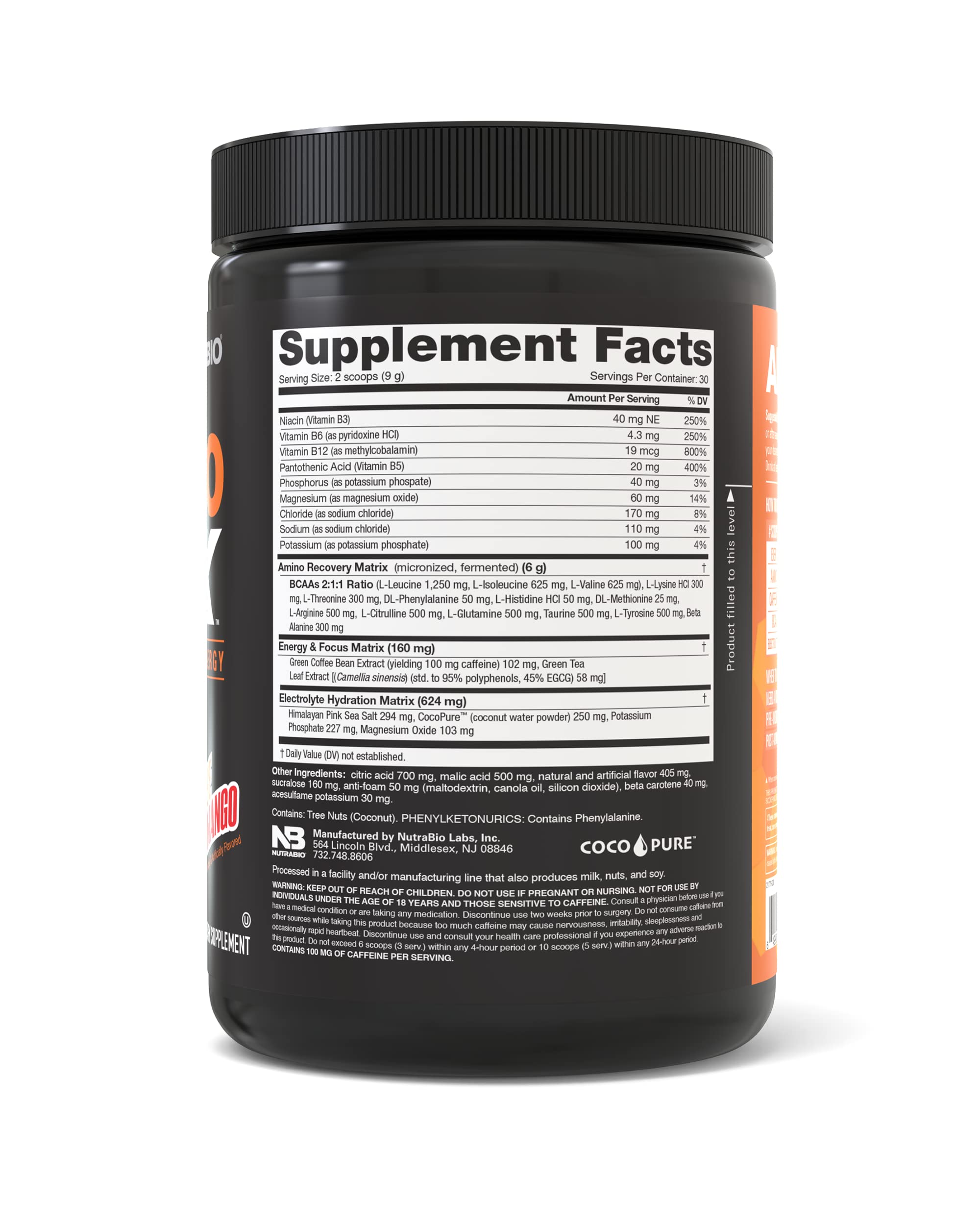 NutraBio Amino Kick - BCAA's, Electrolytes for Hydration, Natural Caffeine- 30 Servings NutraBioAu supplements