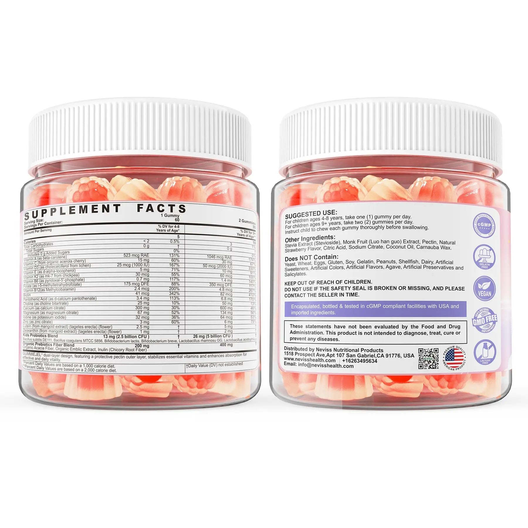 Kids Multivitamin Gummies + Calcium, Probiotics, Vitamin D3, C, Methylated B12 & Methylfolate, B6, A, K2, E, Zinc NEVISSAu supplements