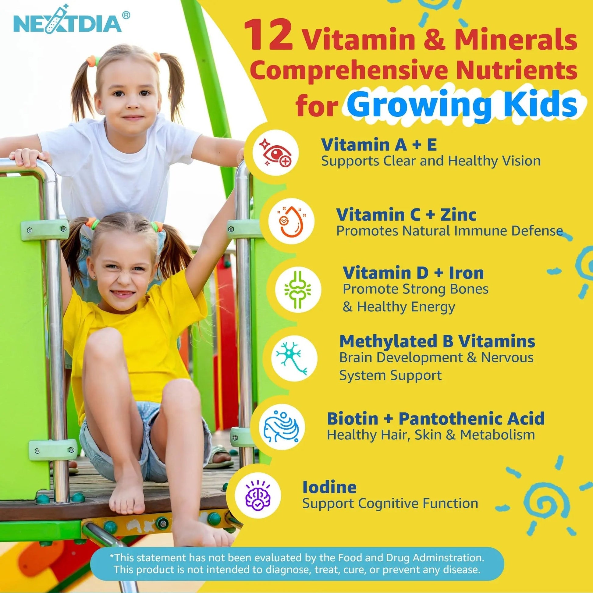 Kids Multivitamin Gummies with Iron, Sugar Free, Kids Daily Vitamins + Probiotics, Algae Omega 3 (EPA/DHA), A, C, D, Methyl B12, Folate, B6, Zinc, Biotin NextdiaAu supplements