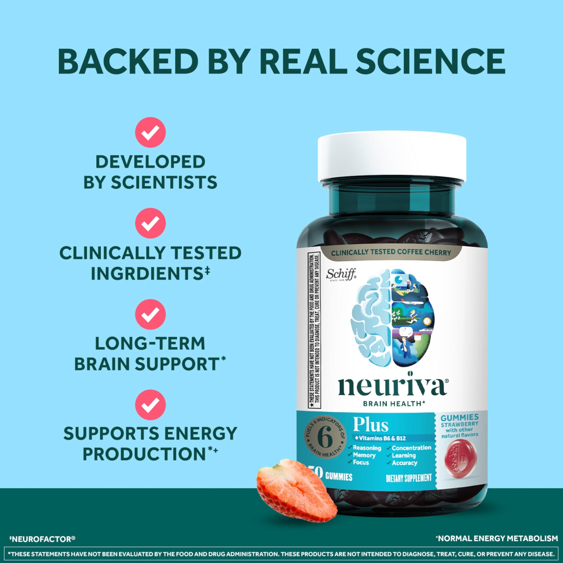 NEURIVA Plus Decaffeinated Nootropic Brain Supplement for Memory, Focus & Concentration & Cognitive Function, Clinically Tested NeuroFactor, Phosphatidylserine, Vitamins B6 B12,50ct Strawberry Gummies NEURIVAAu supplements