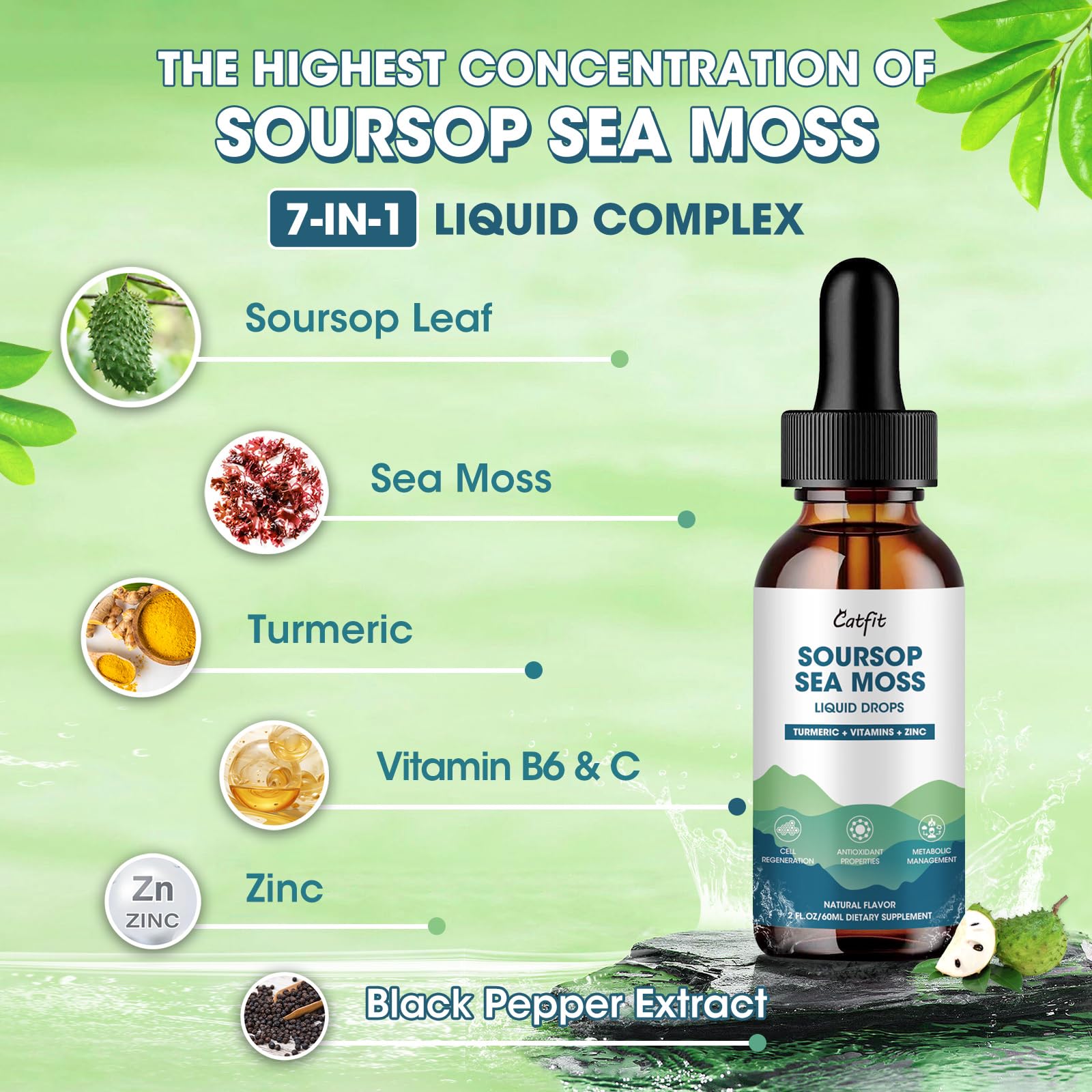 Catfit Soursop Graviola Liquid Drop – Soursop Drops for Cell Support, Antioxidant, Relaxation & Immune Boost with Sea Moss, Turmeric, Black Pepper, B6 C, Zinc, Sugar Free, Gluten Free, Vegan, 2 Fl Oz CatfitAu supplements