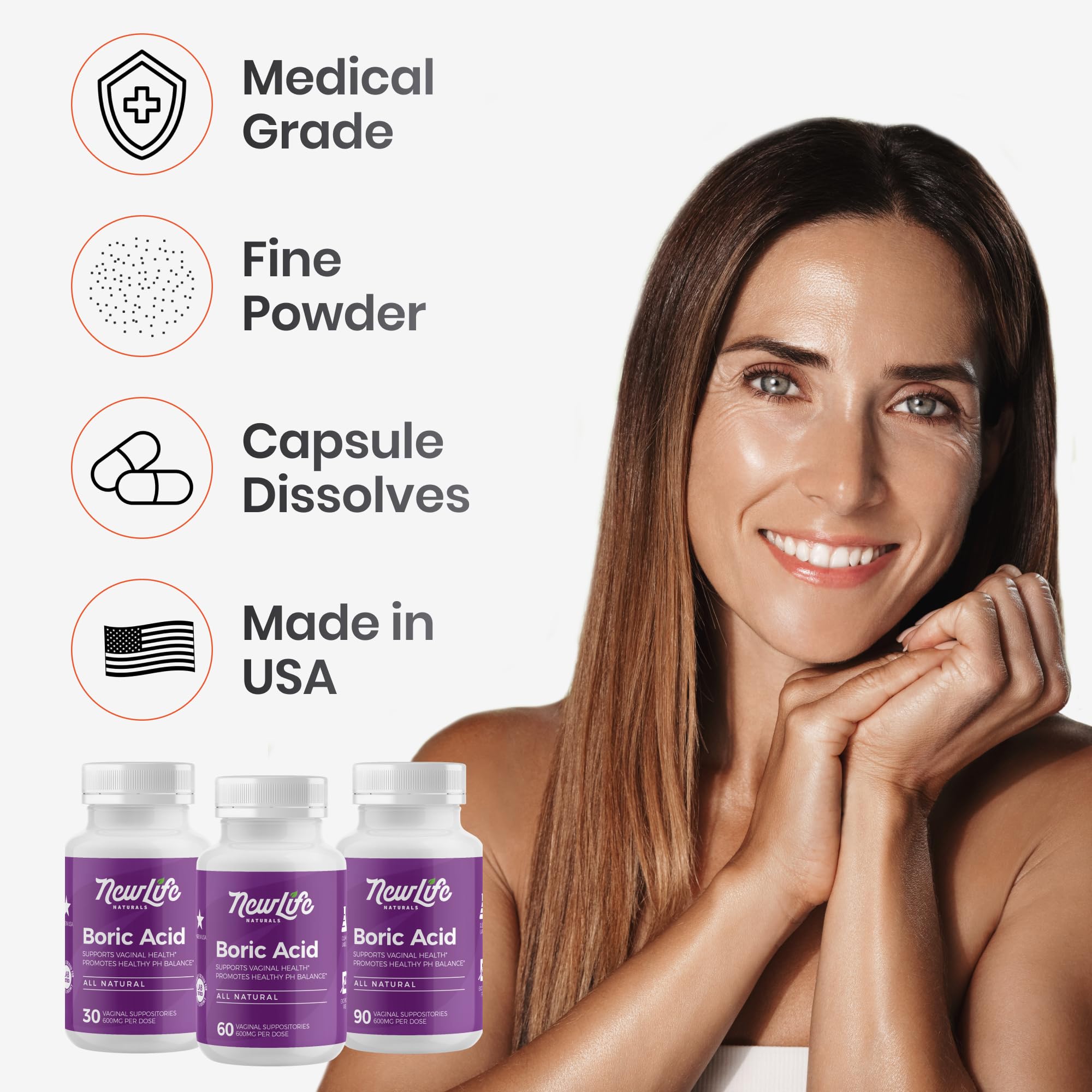 NewLife Naturals - Medical Grade Boric Acid Vaginal Suppositories - 600mg - 100% Pure Womens pH Balance Pills - Yeast Infection, BV - 90 Capsules: Made in USA NewLife NaturalsUS supplements