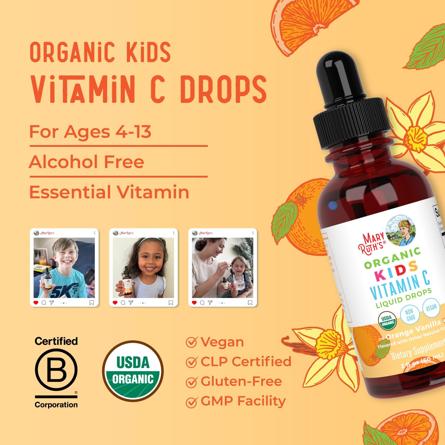 MaryRuth Organics USDA Kids Vitamin C Drops | Vegan Immune Support Supplement for Ages 4-13 | Immune Support & Overall Health | Vitamin C from Organic Acerola Fruit Extract | 2oz MARYRUTH'SUS supplements