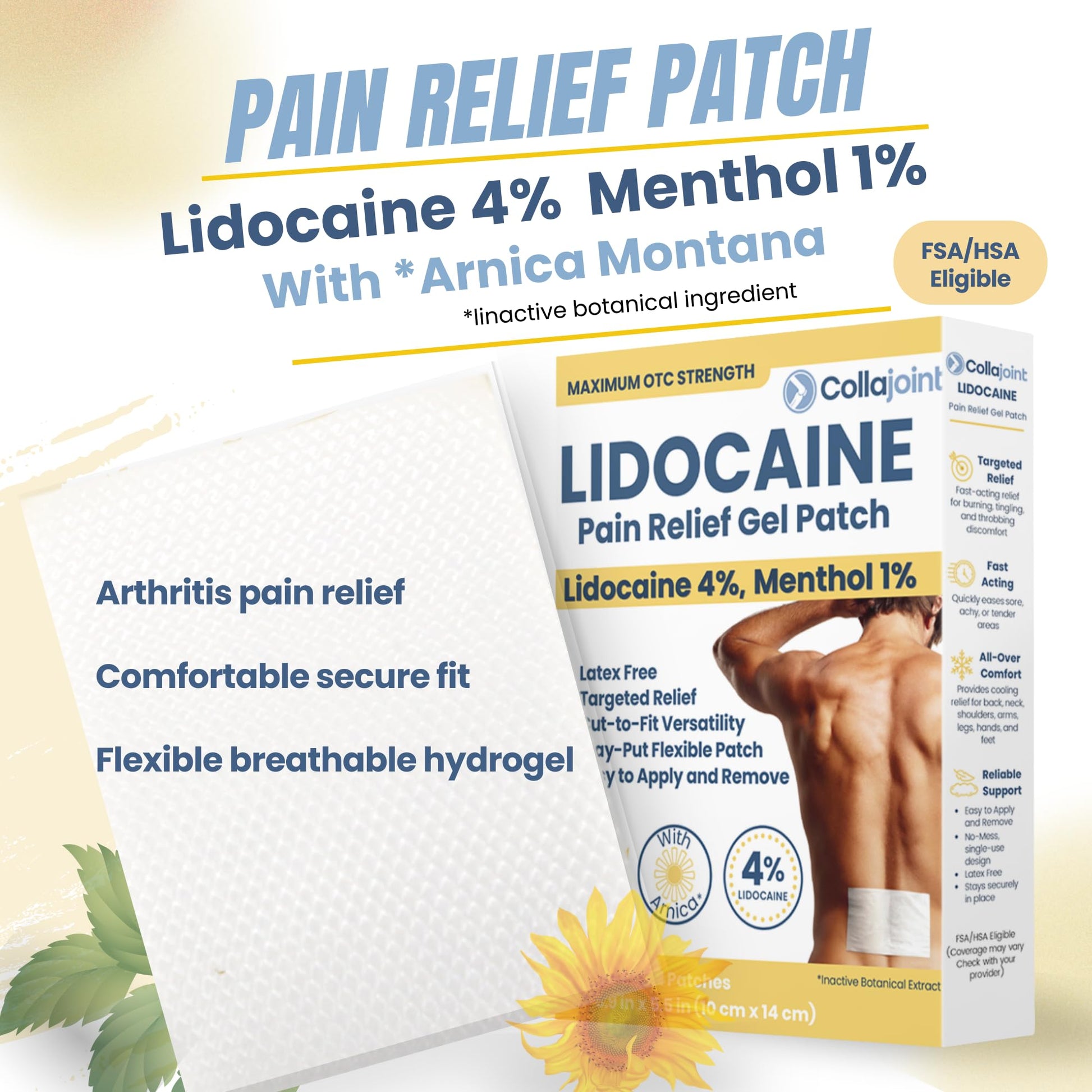 Collajoint Maximum-Strength Lidocaine 4% & Menthol 1% Hydrogel Pain Relief Patch with Arnica Montana Flower Extract-Temporary Numbing & Cooling Relief for Sore Muscles, Stiff Joints & Arthritis CollajointAu supplements