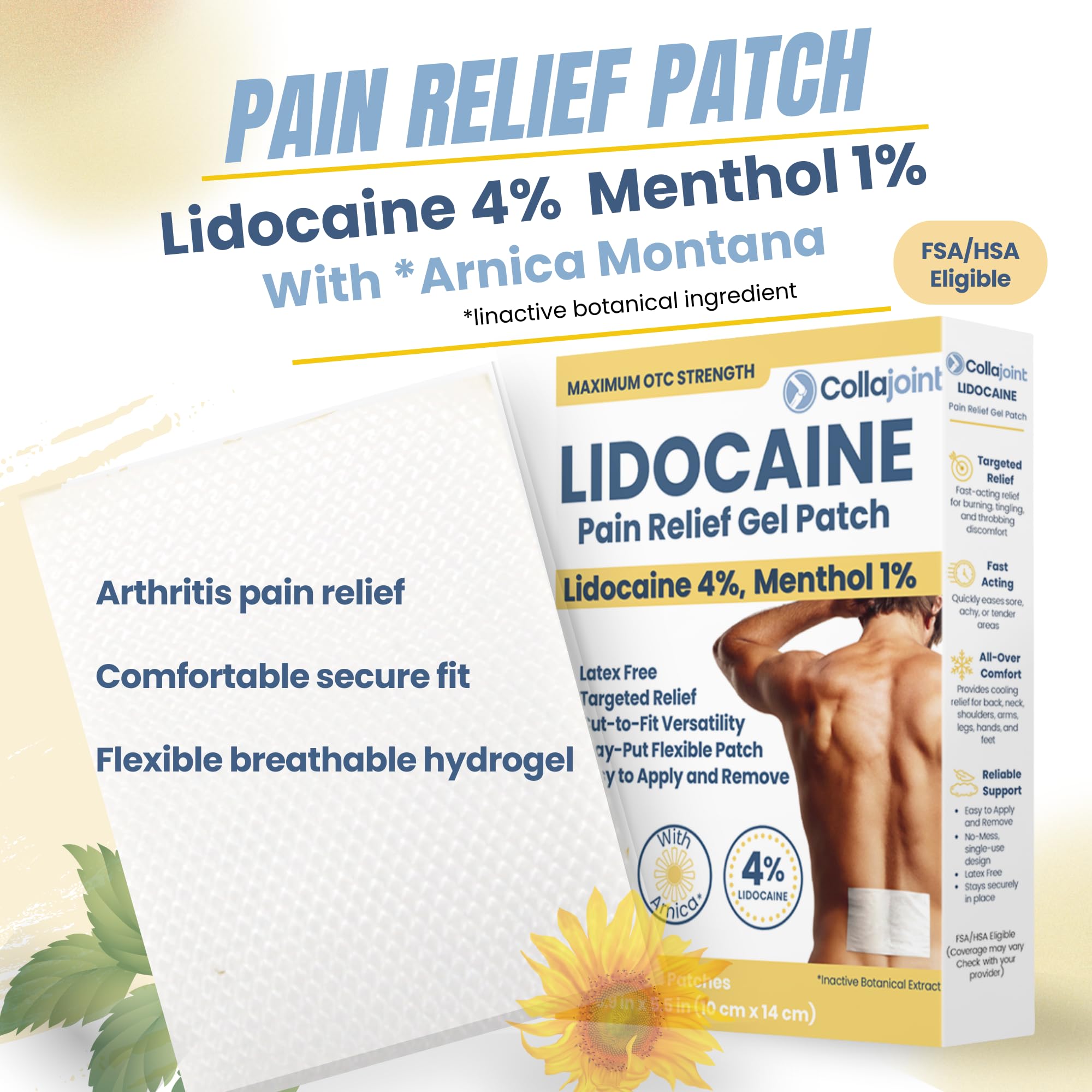 Collajoint Maximum-Strength Lidocaine 4% & Menthol 1% Hydrogel Pain Relief Patch with Arnica Montana Flower Extract-Temporary Numbing & Cooling Relief for Sore Muscles, Stiff Joints & Arthritis CollajointAu supplements