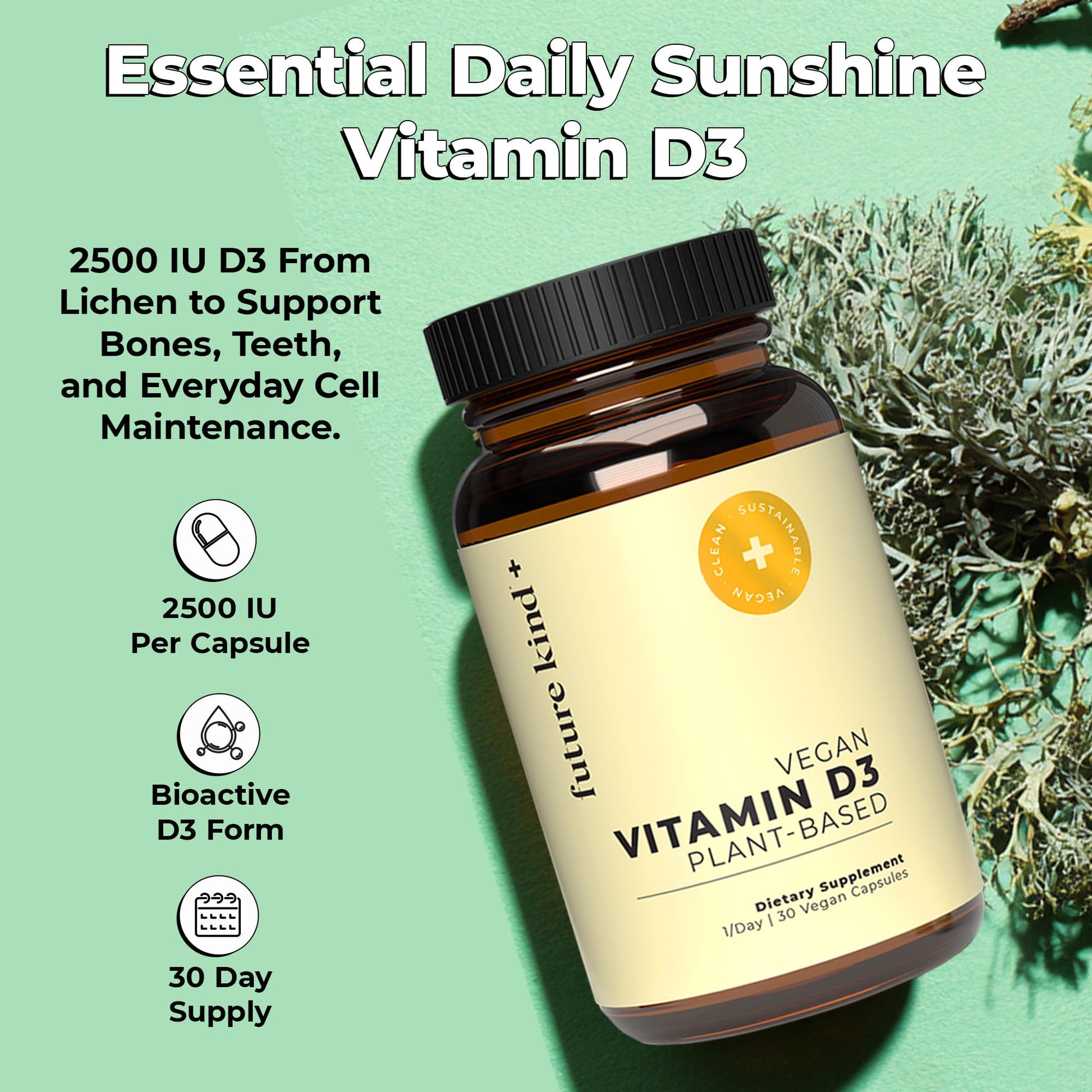 Future Kind Vitamin D3 2500 IU for Bone and Muscle Function, Vitamin D Vegan Supplement from Plant Lichen, Non-GMO, Sugar Free, Pure Vitamin D3, Promotes Natural Resilience, 30 Capsules Future KindAu supplements