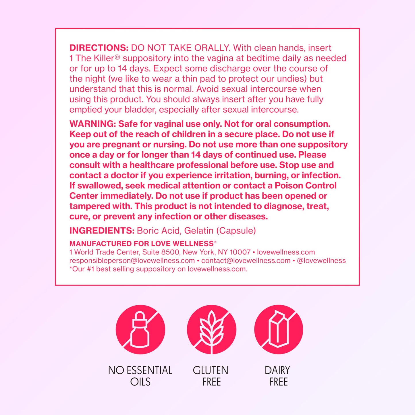 Love Wellness The Killer | Boric Acid Vaginal Suppositories | Balances pH & Supports Odor Control, a Healthy Vaginal Balance and Environment | Fast-Acting & Fragrance-Free | Gentle & Effective | 14 Ct Love WellnessUS supplements