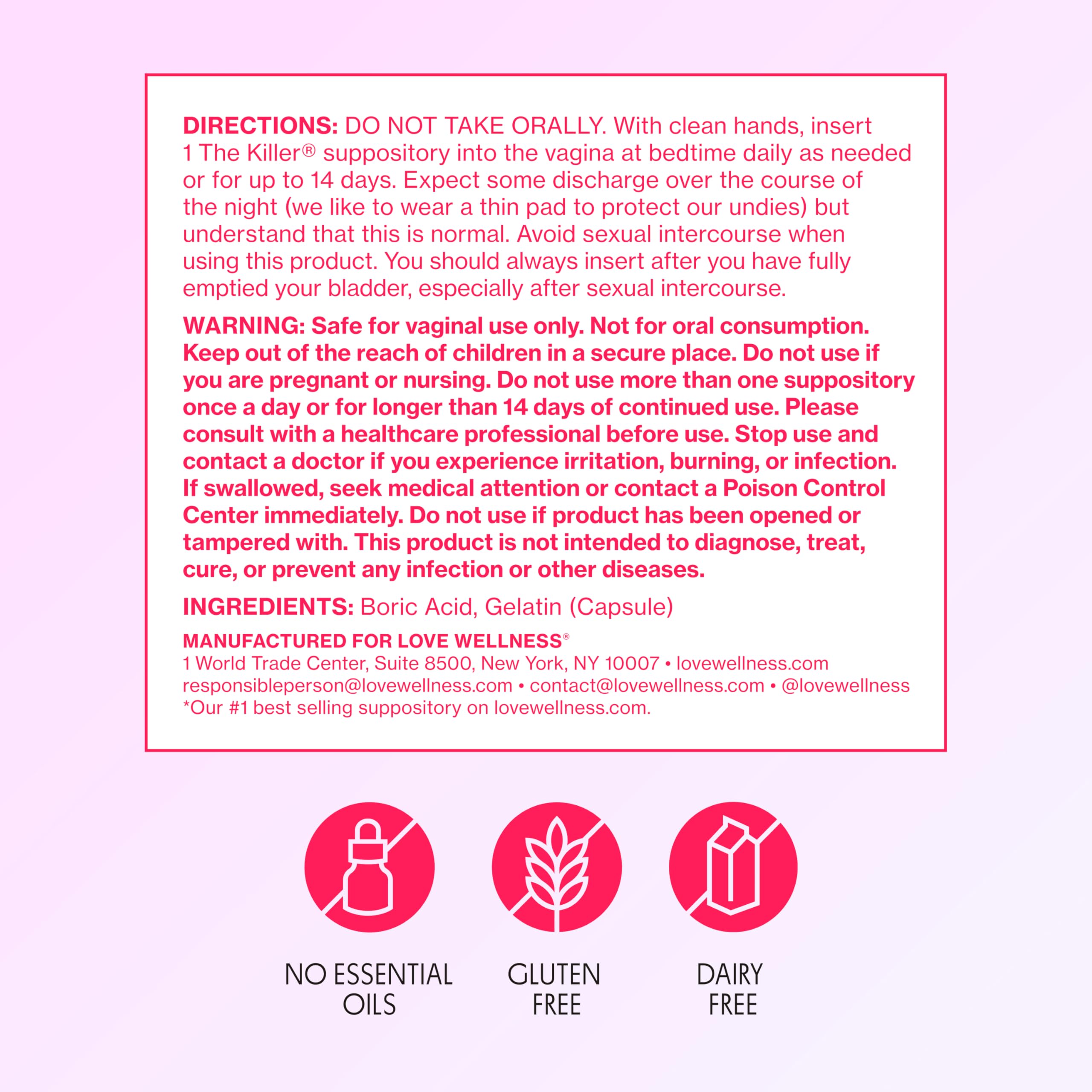 Love Wellness The Killer | Boric Acid Vaginal Suppositories | Balances pH & Supports Odor Control, a Healthy Vaginal Balance and Environment | Fast-Acting & Fragrance-Free | Gentle & Effective | 14 Ct Love WellnessUS supplements