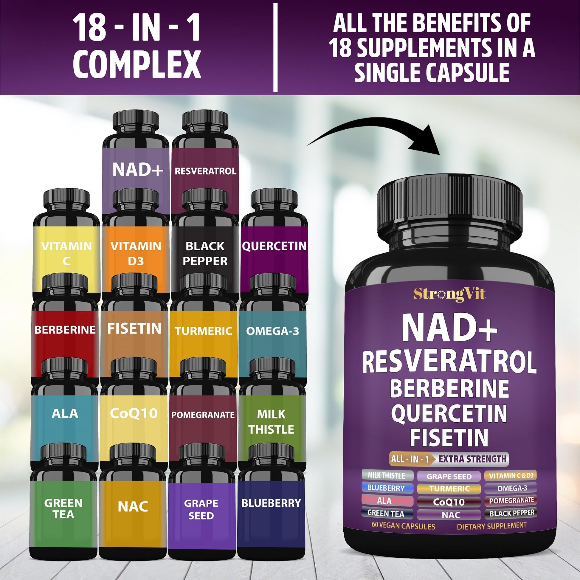 NAD Resveratrol Supplement with Berberine, Quercetin, CoQ10. Anti-Aging Formula for Women & Men. Liposomal NAD Plus, NAD+ Booster, Pure Organic Vitamin, USA StrongVitAu supplements