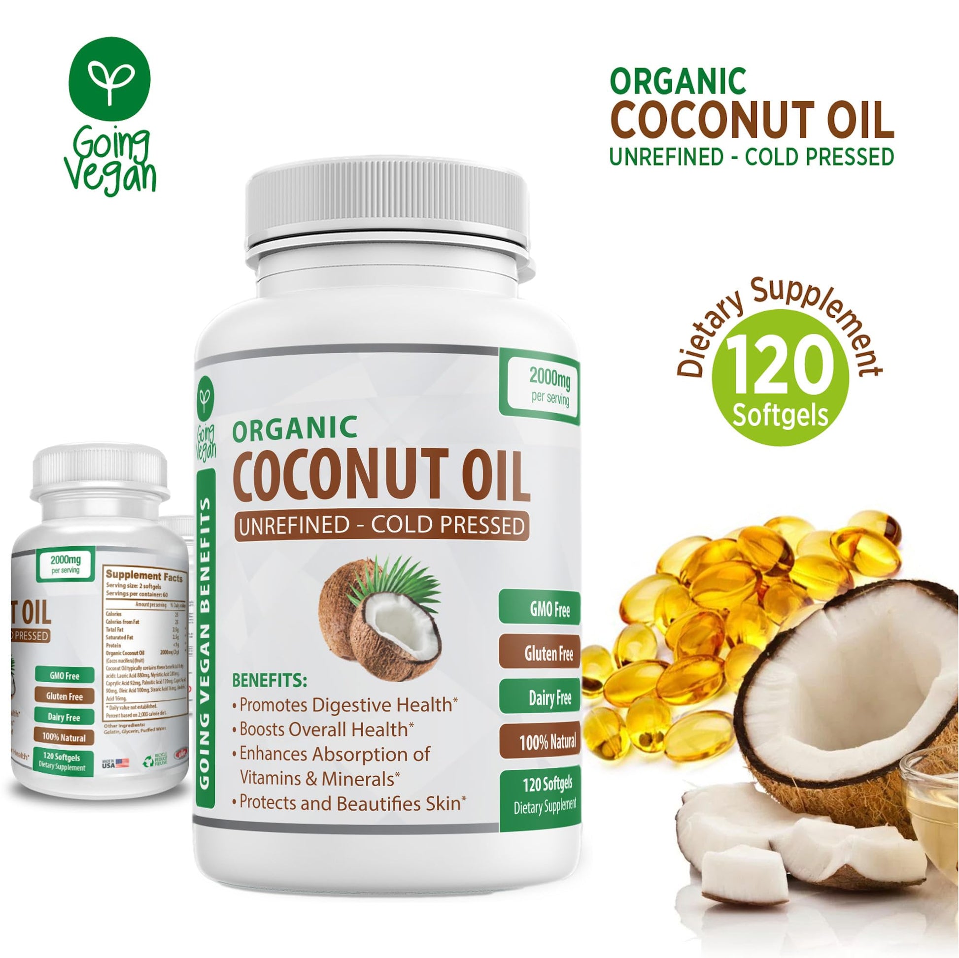 Organic Coconut Oil Capsules 2000mg - 100% Extra Virgin, Cold Pressed for Healthy Skin Going VeganAu supplements