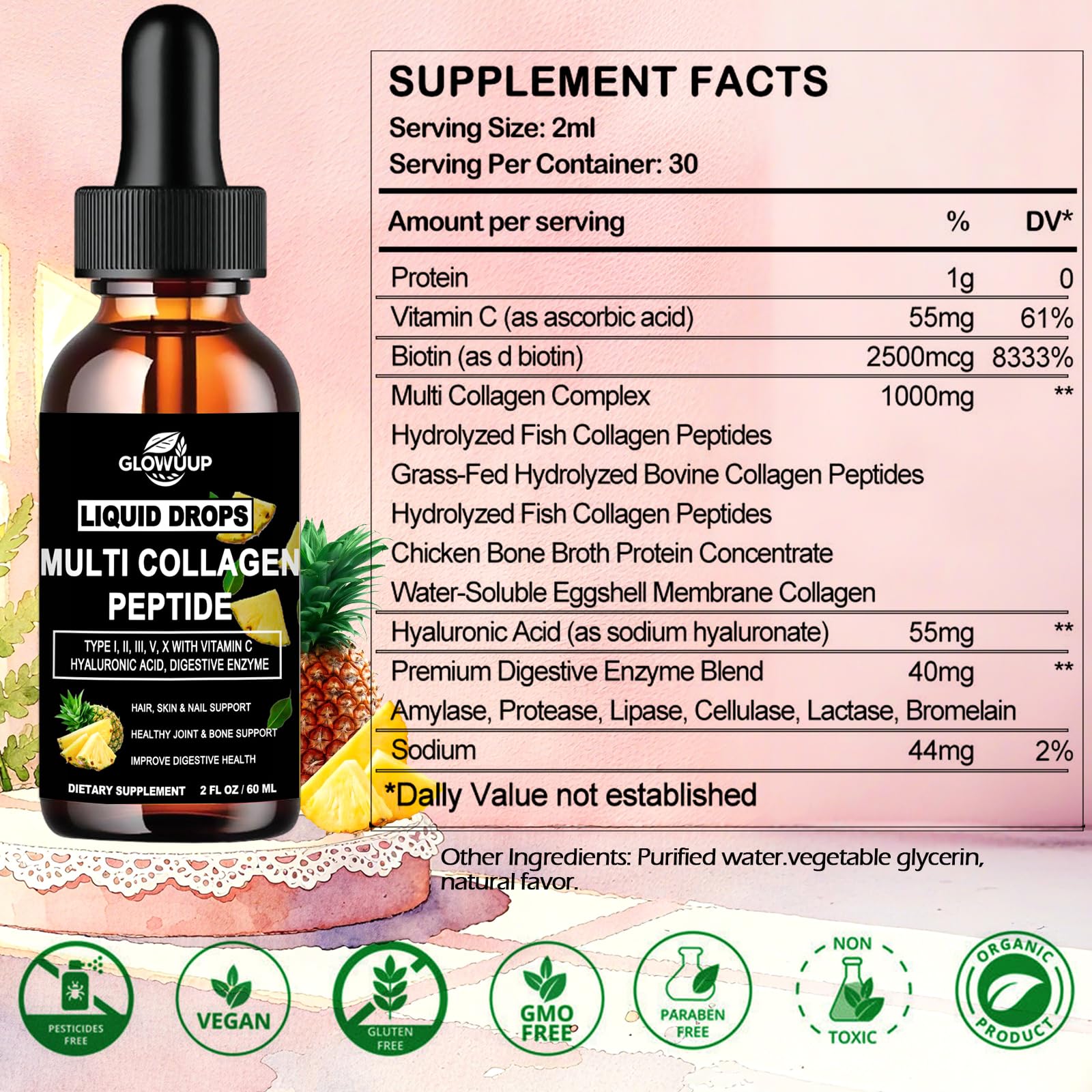 Multi Collagen Peptides Liquid Drops for Women & Men-Type I, II, III, V, X丨Hydrolyzed Collagen Peptides, Collagen Proteins W. Hyaluronic Acid, Biotin & Vitamin C for Hair Skin & Joint Gut Health GLOVVUUPAu supplements