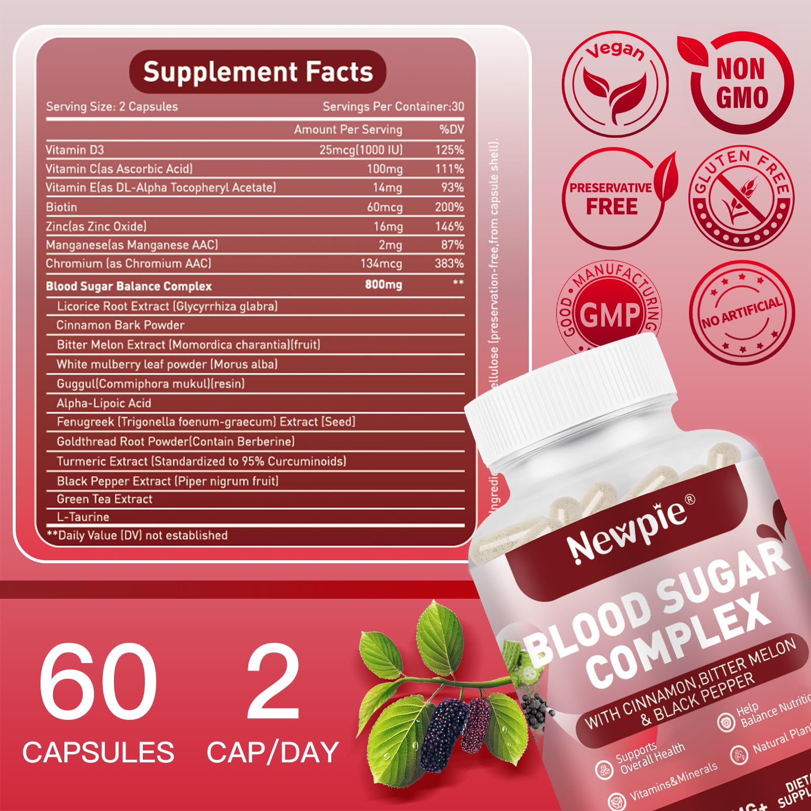 Blood Sugar Complex Supplement – Natural with 20 Active Herbs and Vitamins, Including Cinnamon, Bitter Melon, Black Pepper, Licorice, Vegan, Non-GMO, Gluten-Free, 60 Capsules HOWEEJETAu supplements