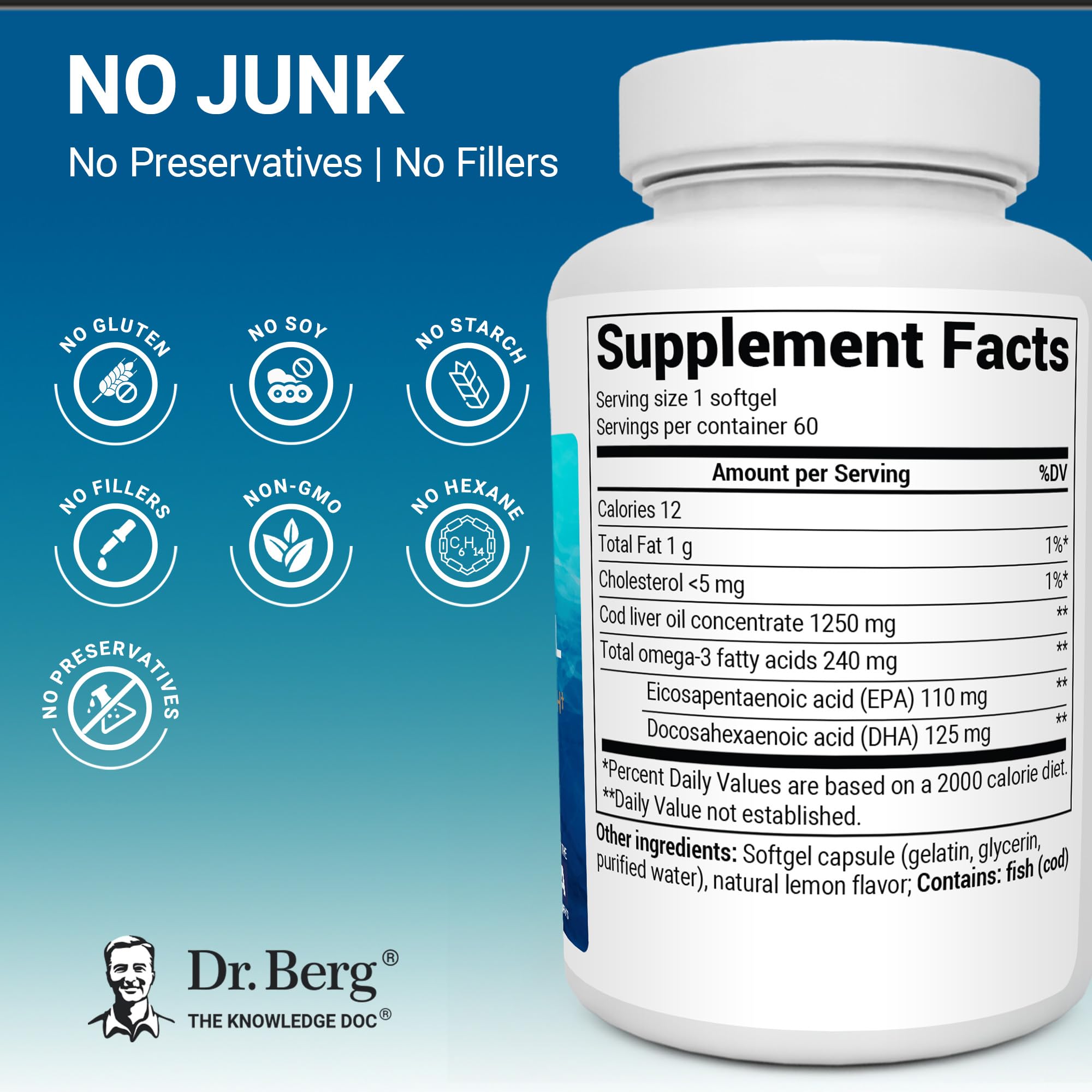 Dr. Berg Omega-3 Cod Liver Fish Oil 60 Softgels – Wild-Caught Icelandic Cod – Omega 3 EPA & DHA – Heart, Brain, Immune & Eye Support* – Lemon Flavor – 4X Lab-Tested – Non-GMO, No Fillers Dr. Berg NutritionalsAu supplements