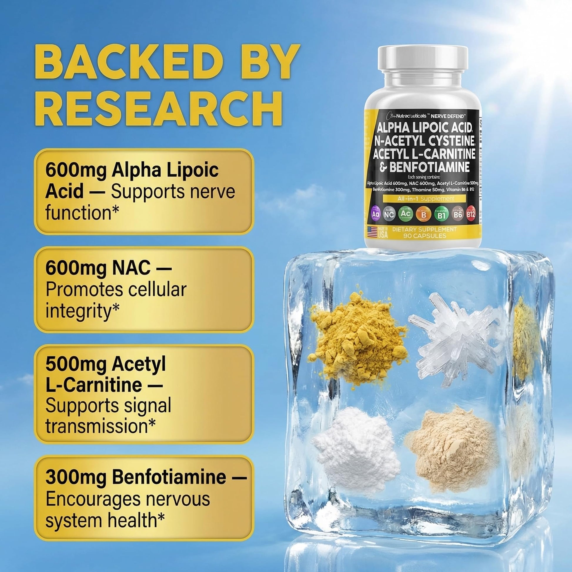 Alpha Lipoic Acid 600mg N-Acetyl Cysteine 600mg Acetyl L-Carnitine 500mg Benfotiamine 300mg - Nerve Support Supplement for Women and Men with Vitamin B1 B6 & B12 - Made in USA 90 Caps Clean NutraceuticalsAu supplements