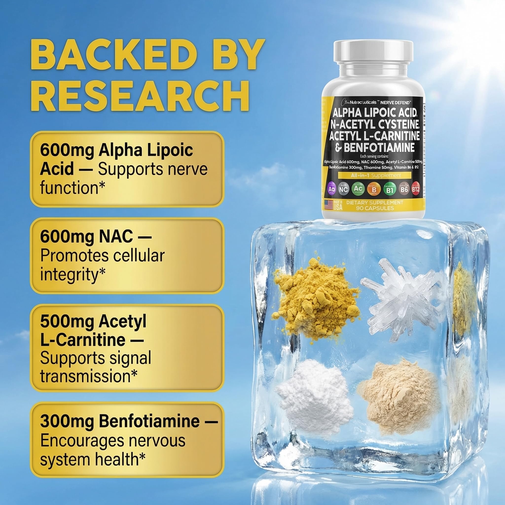 Alpha Lipoic Acid 600mg N-Acetyl Cysteine 600mg Acetyl L-Carnitine 500mg Benfotiamine 300mg - Nerve Support Supplement for Women and Men with Vitamin B1 B6 & B12 - Made in USA 90 Caps Clean NutraceuticalsAu supplements