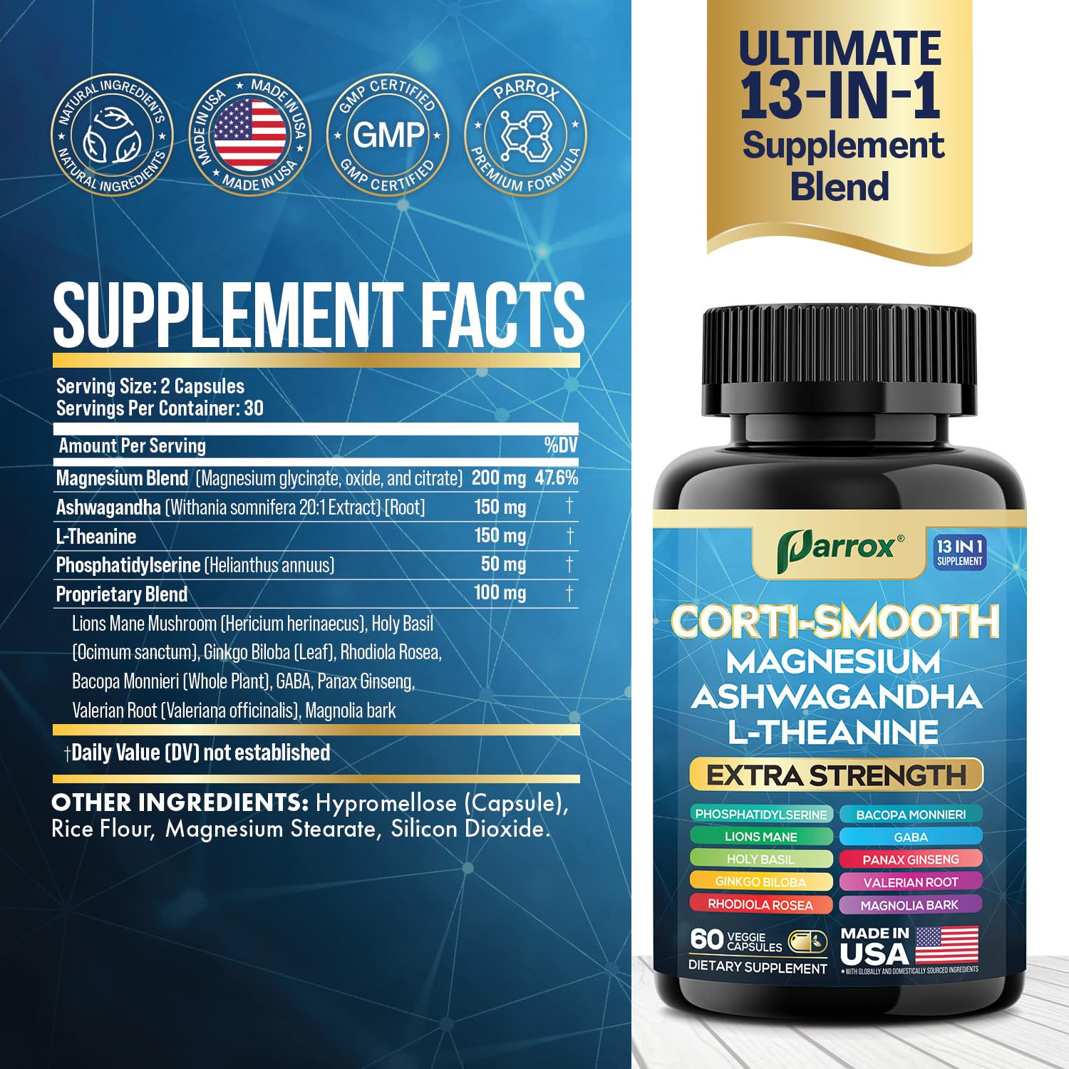 Parrox Corti-Smooth Cortisol Supplement Magnesium, L-Theanine, Ashwagandha, Phosphatidylserine, Valerian Root, Lions Mane, Bacopa Monnieri, Ginkgo Biloba, Panax Ginseng, Magnolia Bark, GABA (60 Caps) ParroxAu supplements