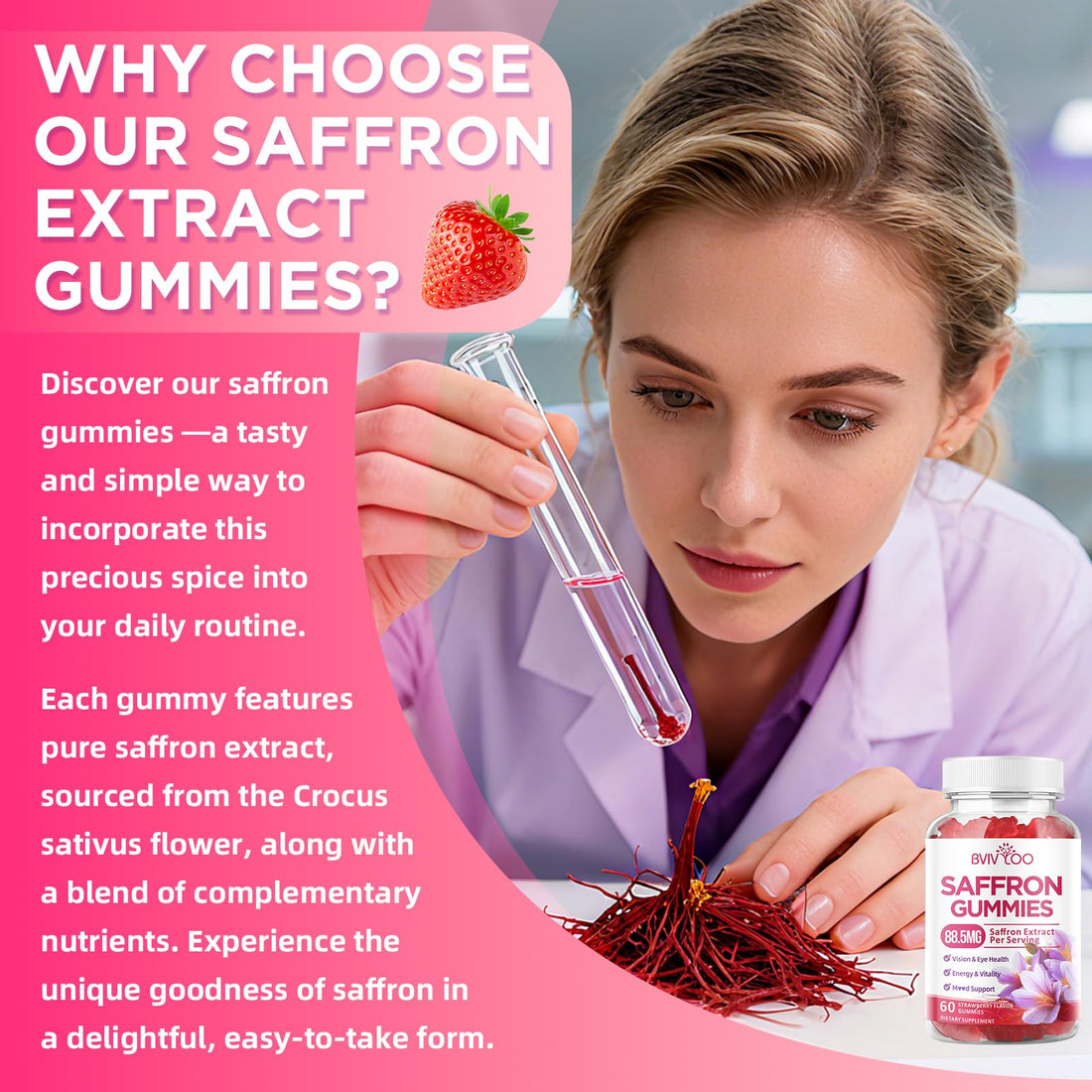 Saffron Gummies for Adult Kids, 10-IN-1 Formula with Saffron 88.5mg, Vitamins D3 & B6, Magnesium, Zinc, Ashwagandha, L-Theanine, St. John's Wort - Supports Mood & Focus, Strawberry Flavor, 60 Count BVIVLOOAu supplements