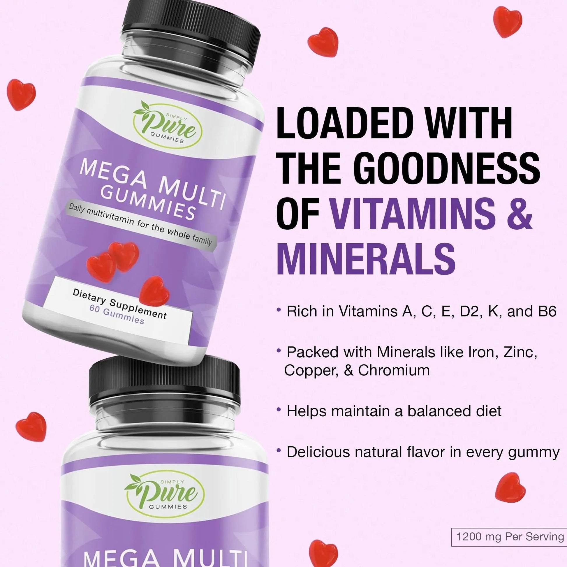 Pure By Nature Mega Multi Gummies, Multivitamin Gummies for Women & Men, Kids Multivitamin Gummies with A, D2, C, E, K, Biotin Pure By NatureAu supplements