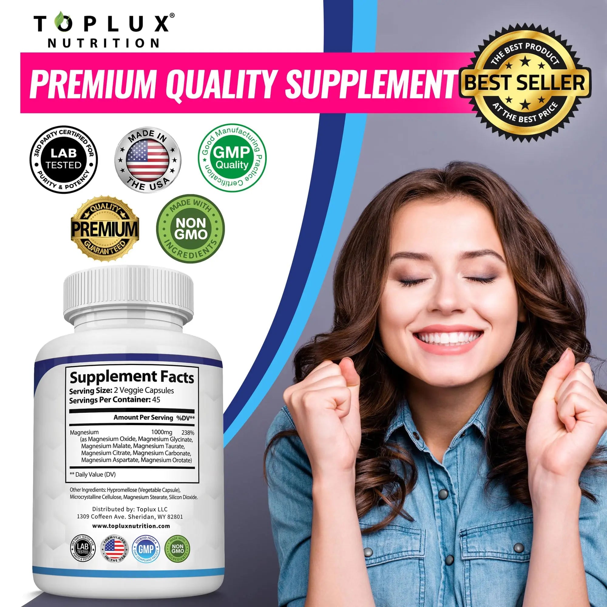 Magnesium Complex Supplement 8 Elemental 1000mg - Magnesium Glycinate, Citrate, Malate, Taurate, Chelated for Easy Absorption for Bones, Muscle, Recovery, Energy, Vegan Non-GMO 90 Capsules Topluxnz supplements