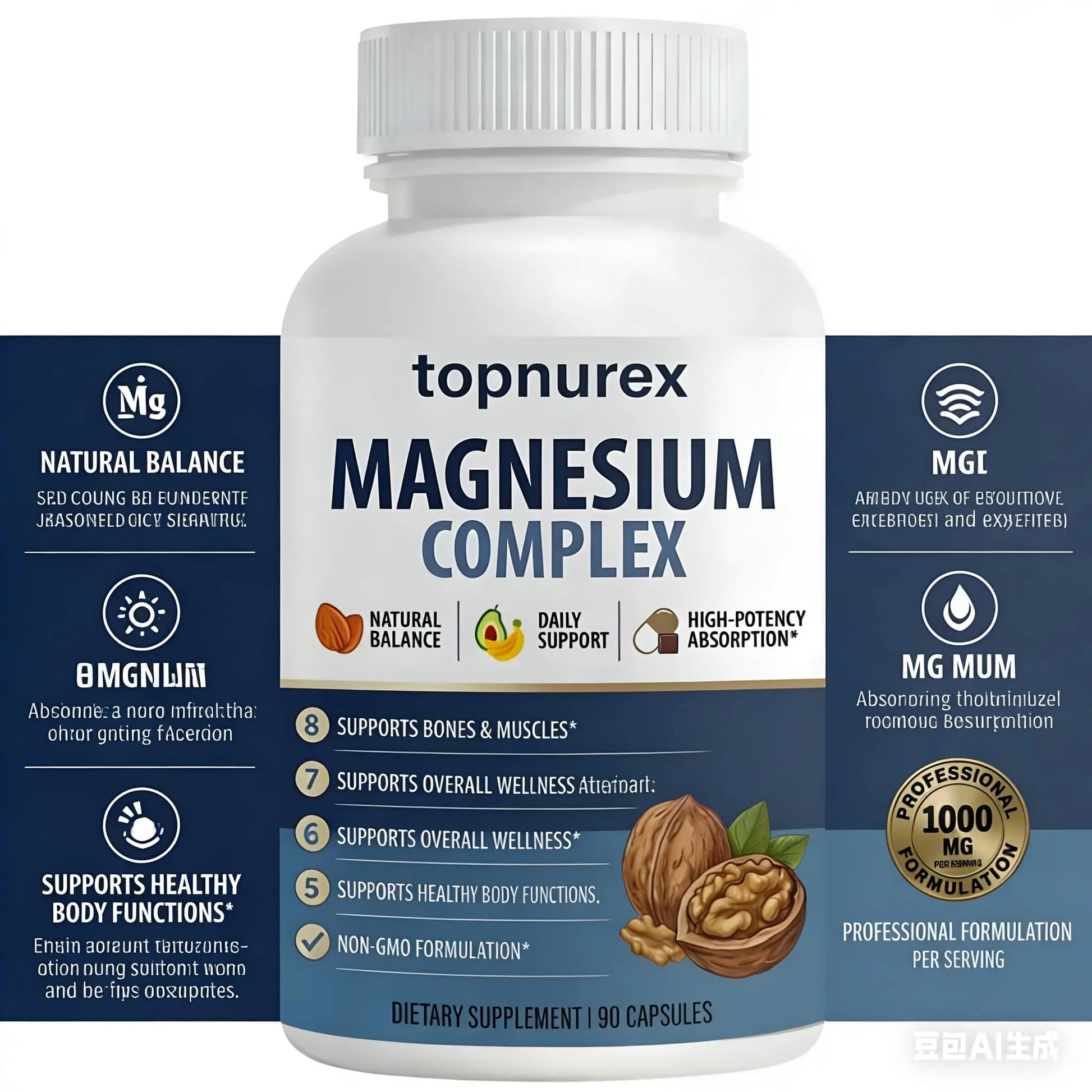 Topnurex Magnesium Complex for Women & Men - 1000mg High Absorption, 8 Essential Magnesium, 90 Capsules TopnurexAu supplements