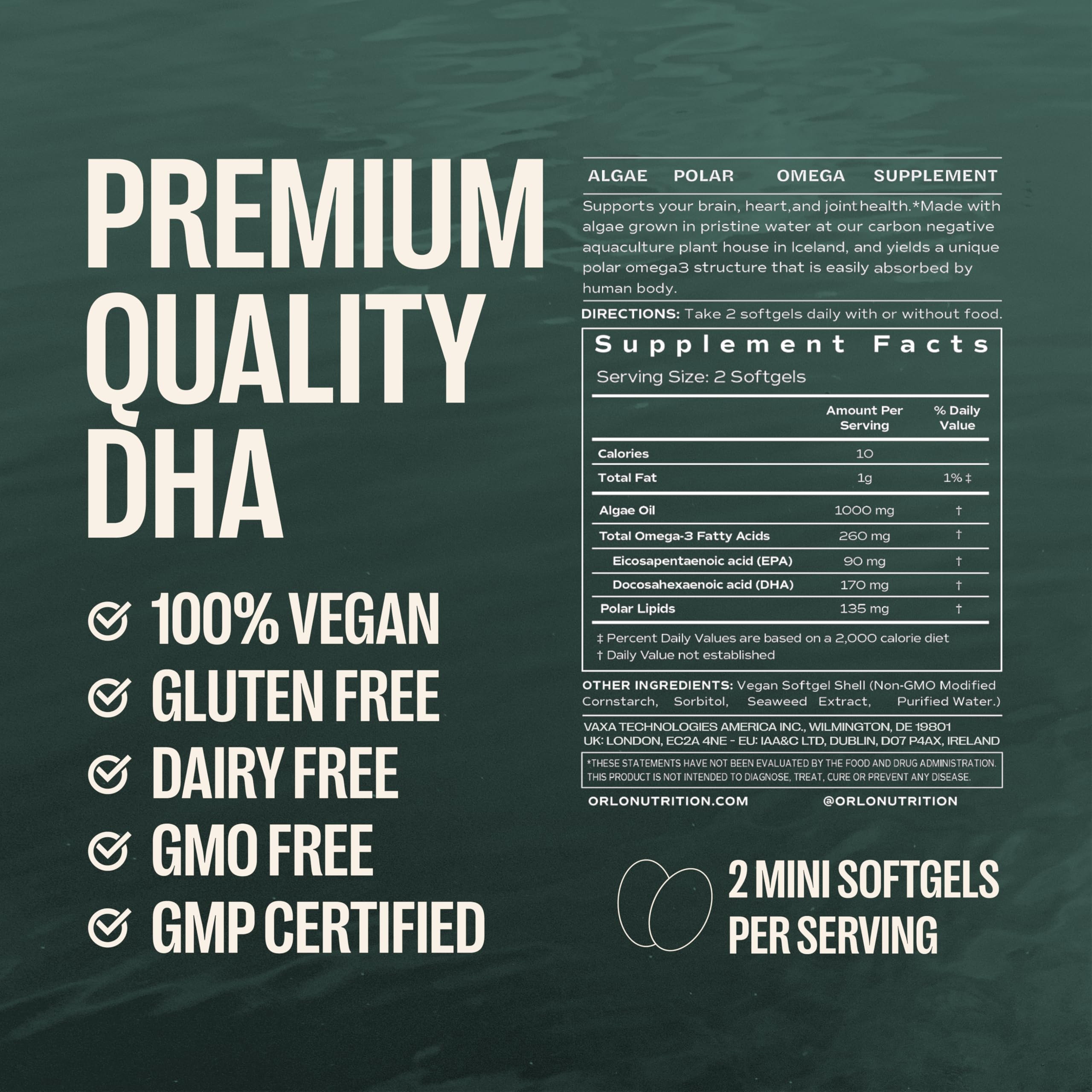 Orlo DHA Supplement 1000mg - 3X Absorption Natural Icelandic Nordic Omega 3 DHA & EPA for Brain & Eye Support – Vegan Fish Oil Alternative, No Fishy Aftertaste, 60 Easy-to-Swallow Mini Softgels OrloAu supplements