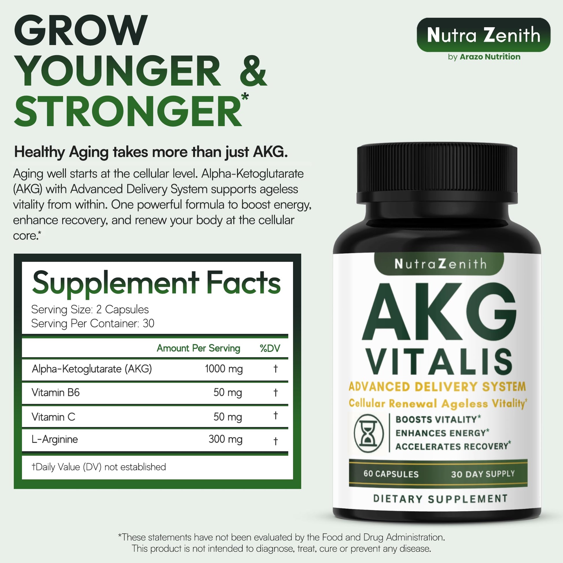 AKG Anti-Aging & Energy Boost Supplement with Vitamin B6, Vitamin C & L-Arginine – 60 Capsules for Youthful Skin, Cellular Renewal & Vitality Support Arazo NutritionAu supplements