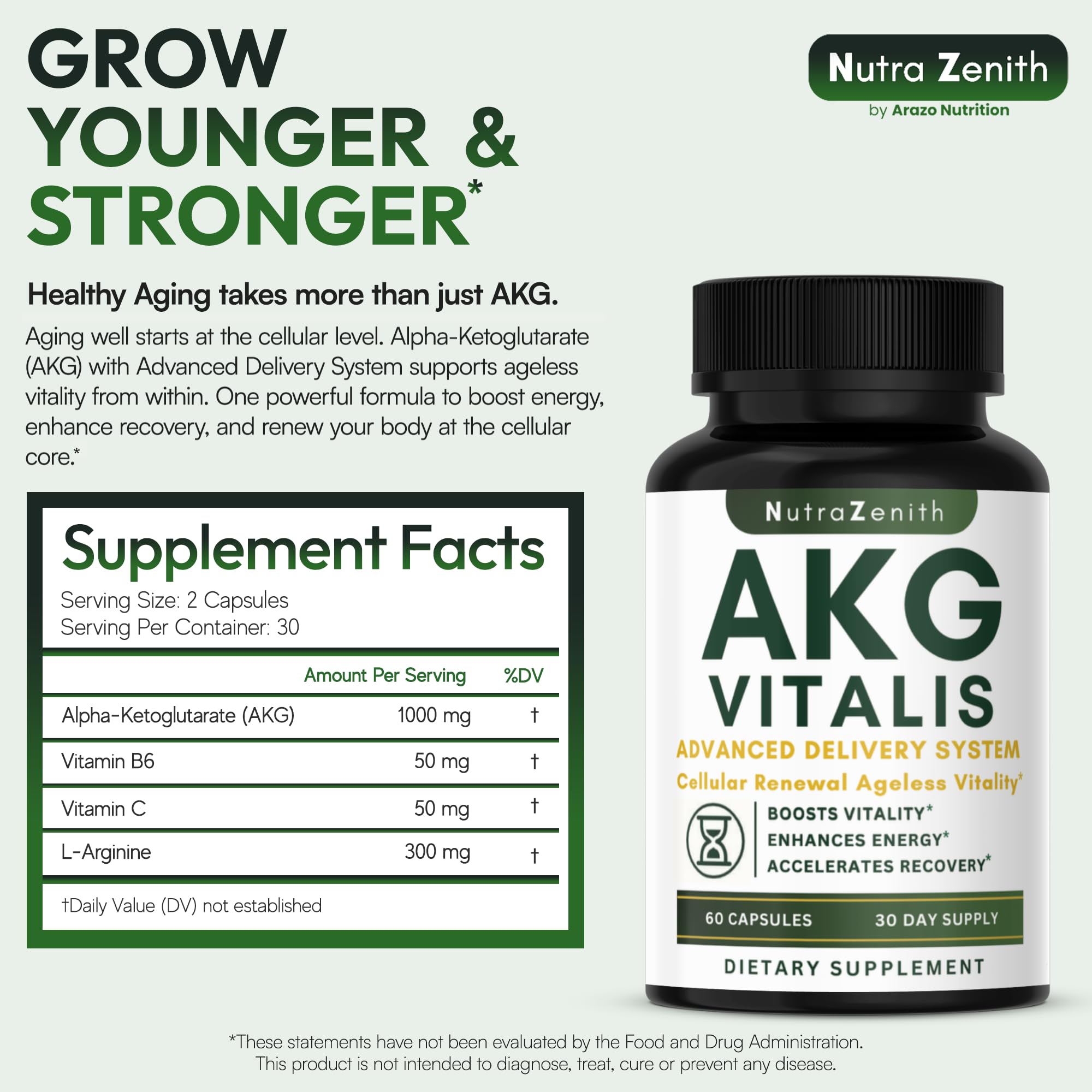 AKG Anti-Aging & Energy Boost Supplement with Vitamin B6, Vitamin C & L-Arginine – 60 Capsules for Youthful Skin, Cellular Renewal & Vitality Support Arazo NutritionAu supplements
