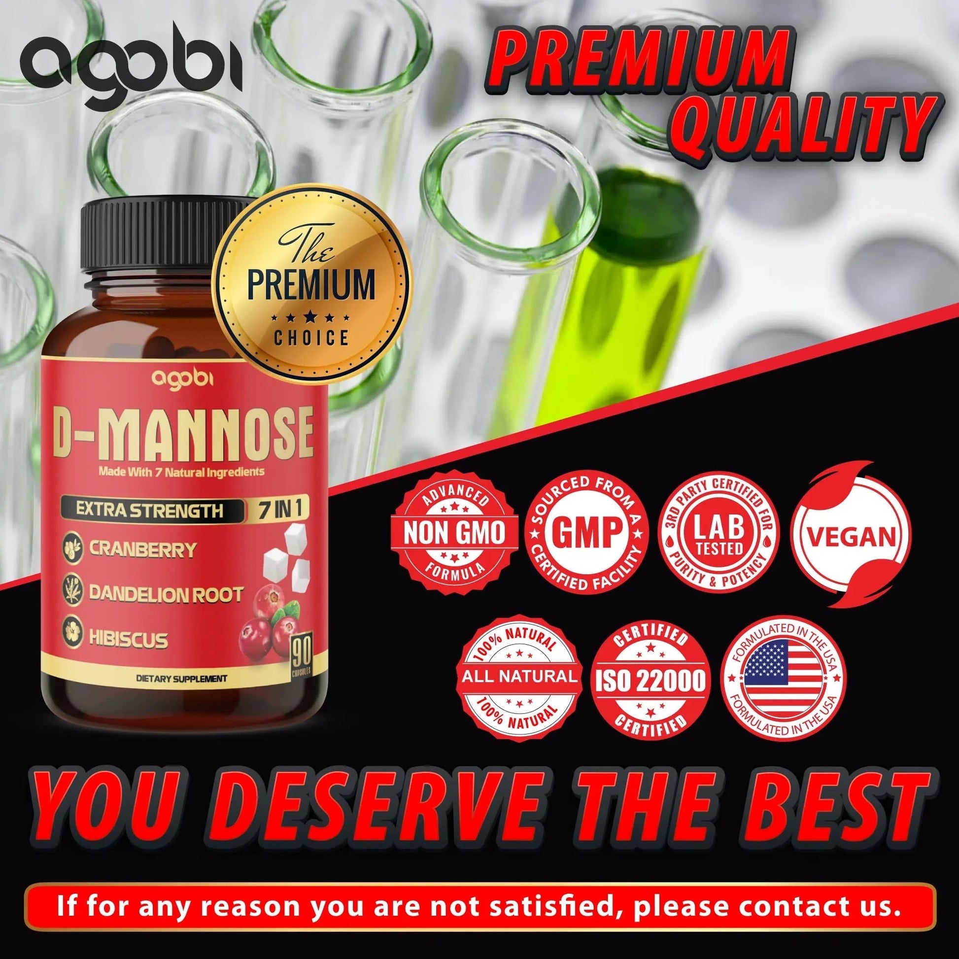 agobi D-Mannose Capsules - 7 Herbs with Cranberry, Dandelion, Hibiscus and More - Support Flush Impurities and Urinary Tract Health - 90 Vegan Capsules 3-Month Supply agobiAu supplements