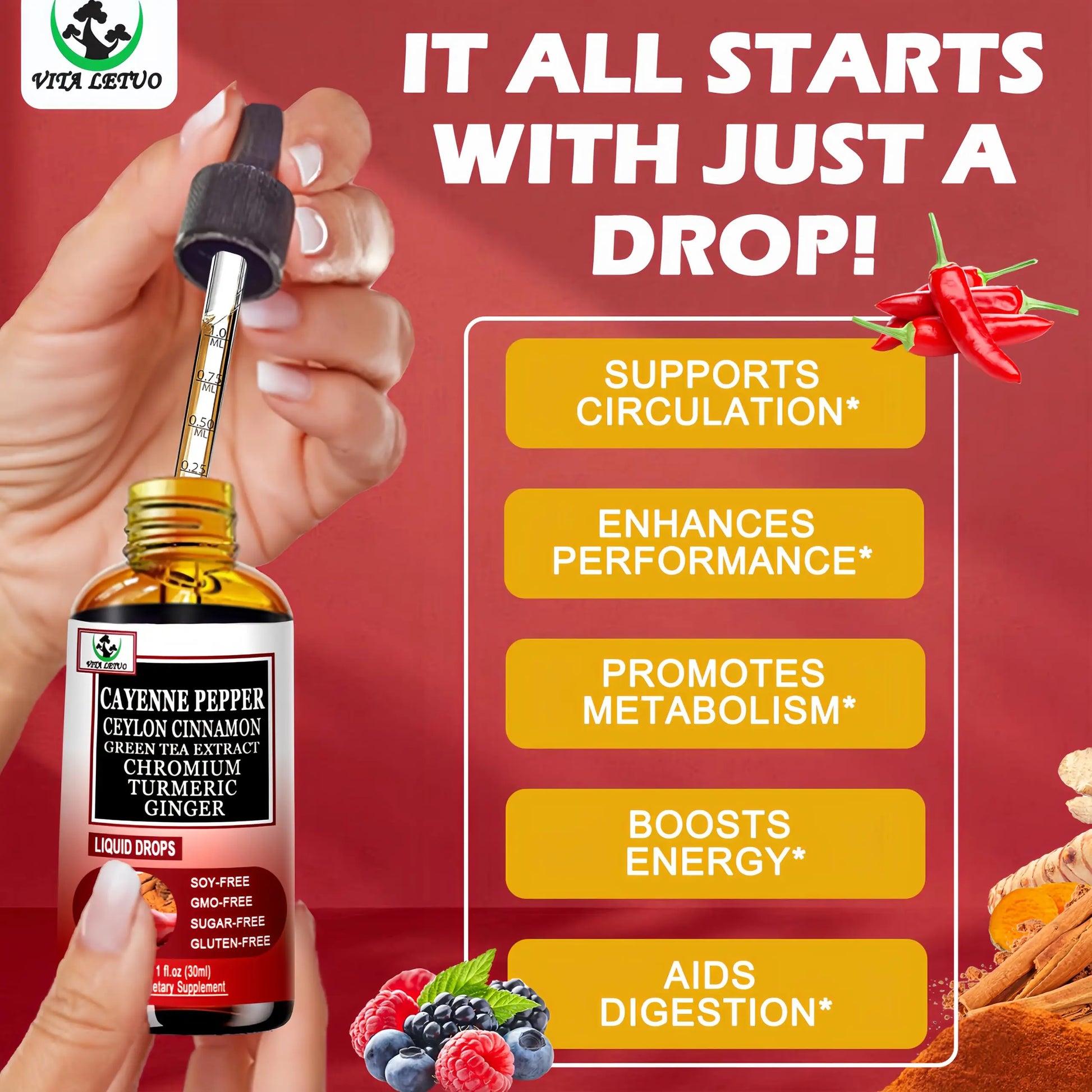 Cayenne Pepper Drops, High Absorption 6-in-1 Liquid Cayenne Pepper Supplement w/Ceylon Cinnamon, Green Tea Extract, Turmeric, Organic Liquid Drops Than Cayenne Capsules Powder Vita letuonz supplements