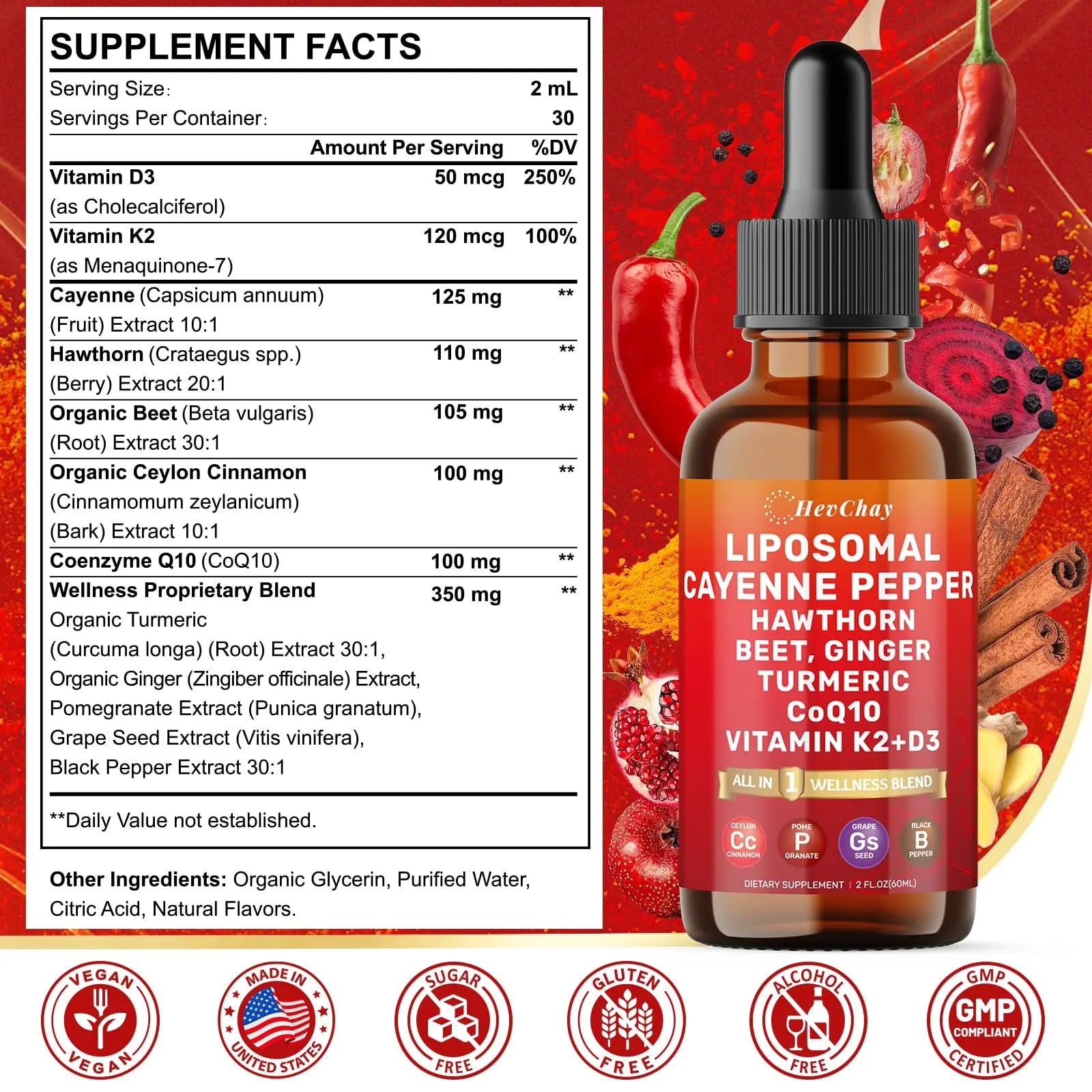 Cayenne Pepper Drops Liposomal Supplement Liquid + Hawthorn Berry, Vitamin D3 K2 Beet Root Powder, Ceylon Cinnamon, CoQ10, Turmeric Curcumin, Cayenne Pepper Extract - 2oz HevChaynz supplements