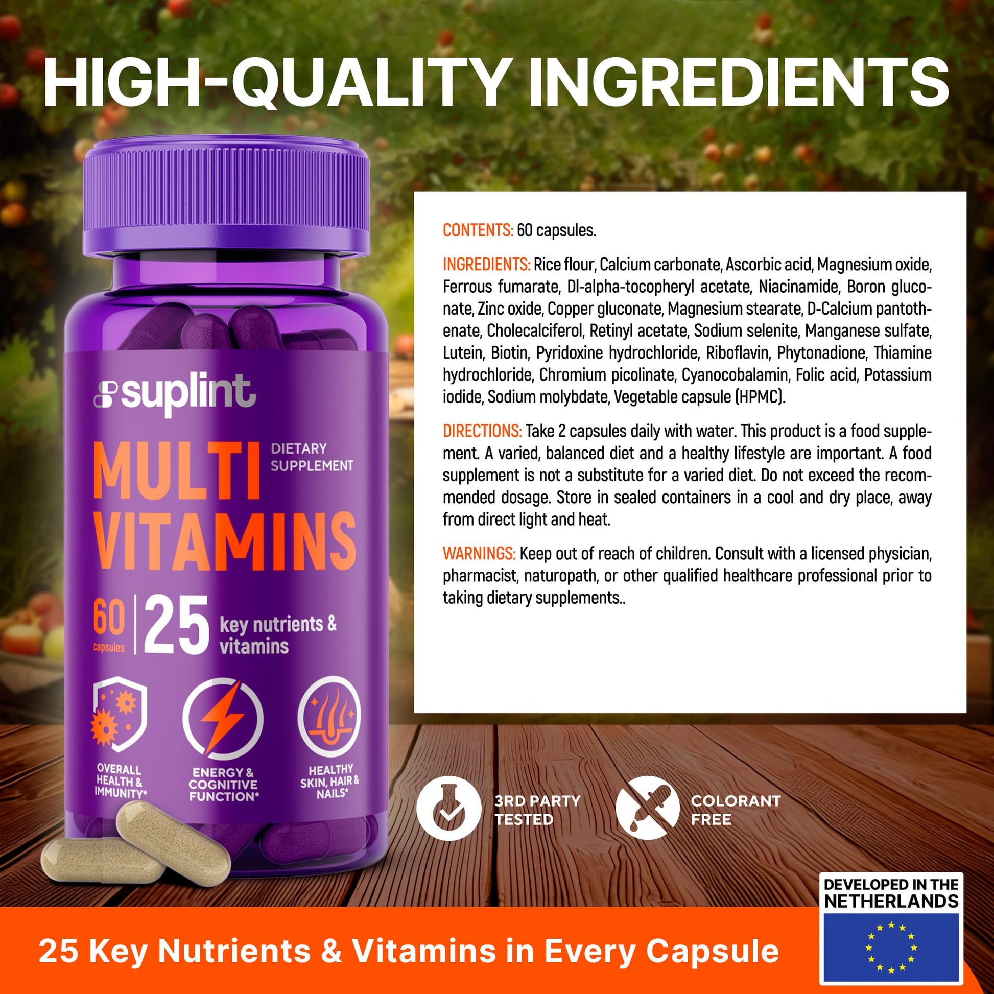 Multivitamin Supplement | Complex with Vitamin A, C, D, E, K1, B, Zinc & Chromium | Hair, Skin & Nail Beauty Vitamins | Immune Support Supplements for Men & Women | 60 Capsules SUPLINTAu supplements