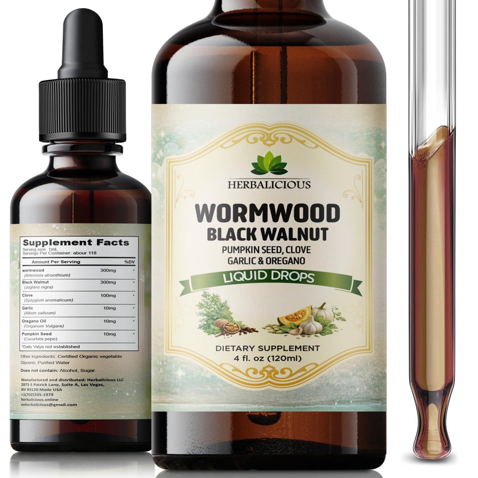 HEBRALICIOUS Wormwood Black Walnut Liquid Drops – Herbal Blend with Pumpkin Seed, Clove, Garlic & Oregano Oil – Alcohol Free Herbal Tincture – Liquid Dietary Supplement, 4 fl oz (120ml) HERBALICIOUSAu supplements