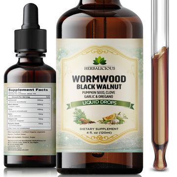 HEBRALICIOUS Wormwood Black Walnut Liquid Drops – Herbal Blend with Pumpkin Seed, Clove, Garlic & Oregano Oil – Alcohol Free Herbal Tincture – Liquid Dietary Supplement, 4 fl oz (120ml) HERBALICIOUSAu supplements