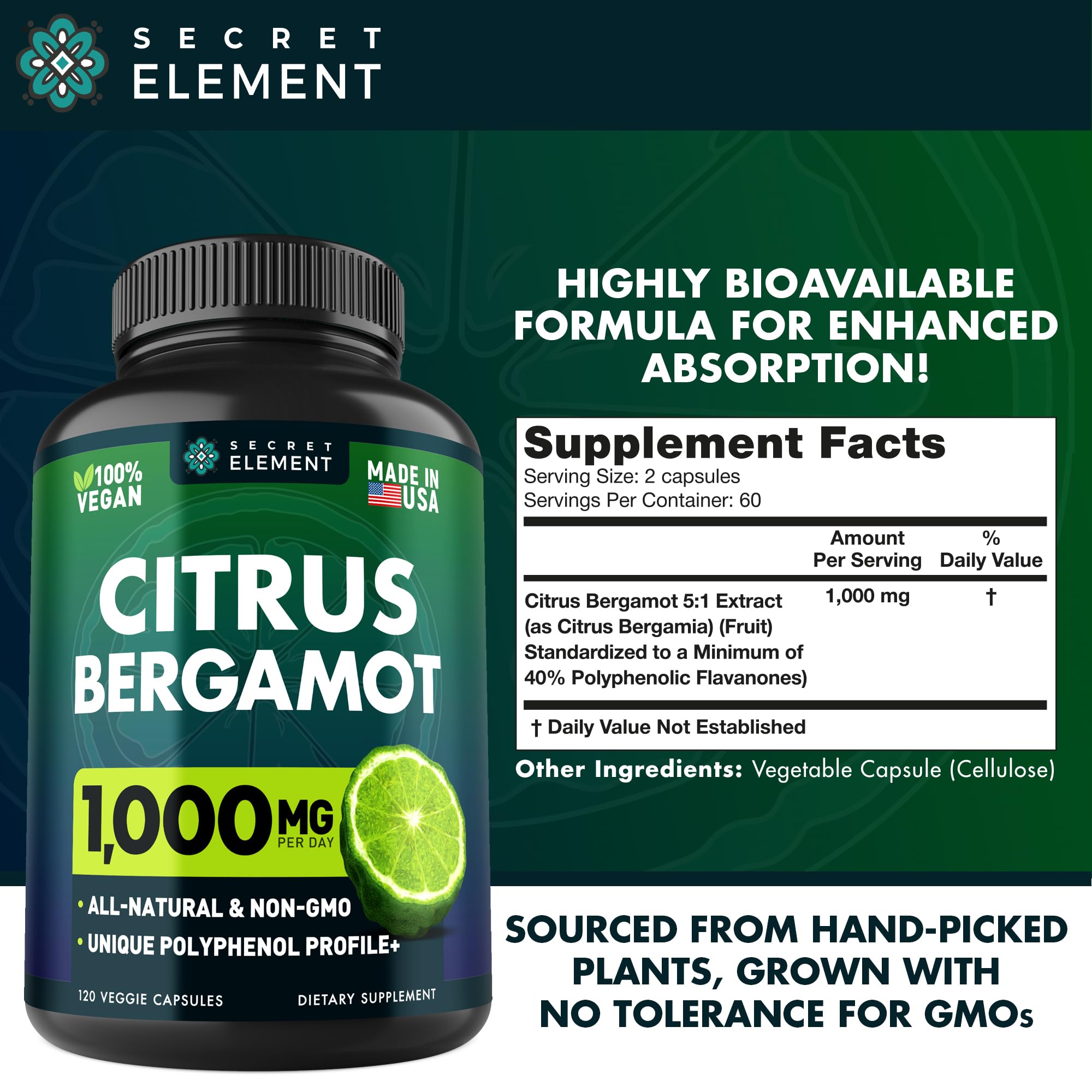 Citrus Bergamot Extract 1000mg - Citrus Bergamot Supplement for Heart, Immune System Secret ElementUS supplements