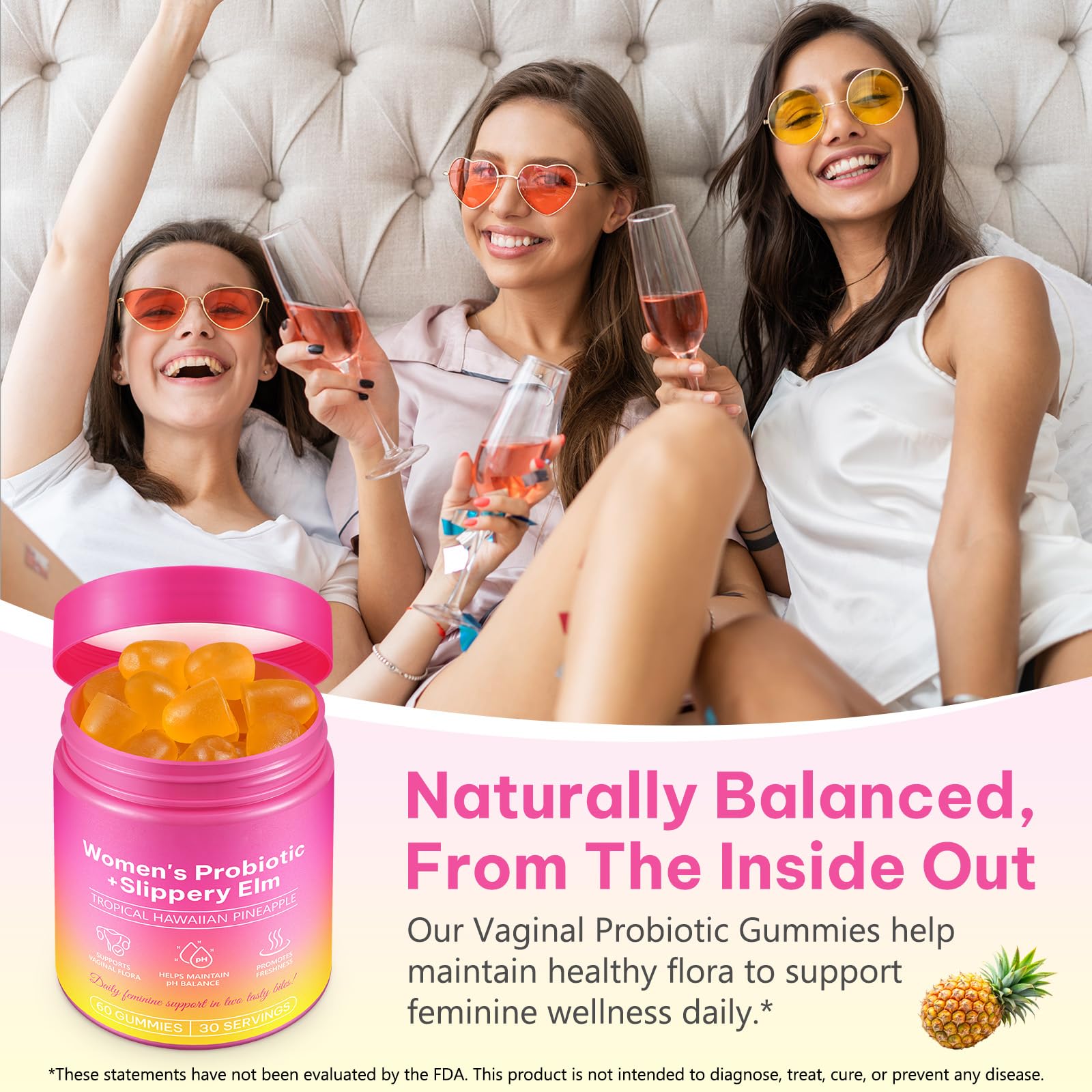 WeiWeiLa Feminine Probiotics Gummies for Women Probiotic Gummies with Slippery Elm | Natural Pineapple Flavor | Supports Feminine pH Balance & Comfort | 60 Vegan Gummie for Daily Wellness WeiWeiLaAu supplements