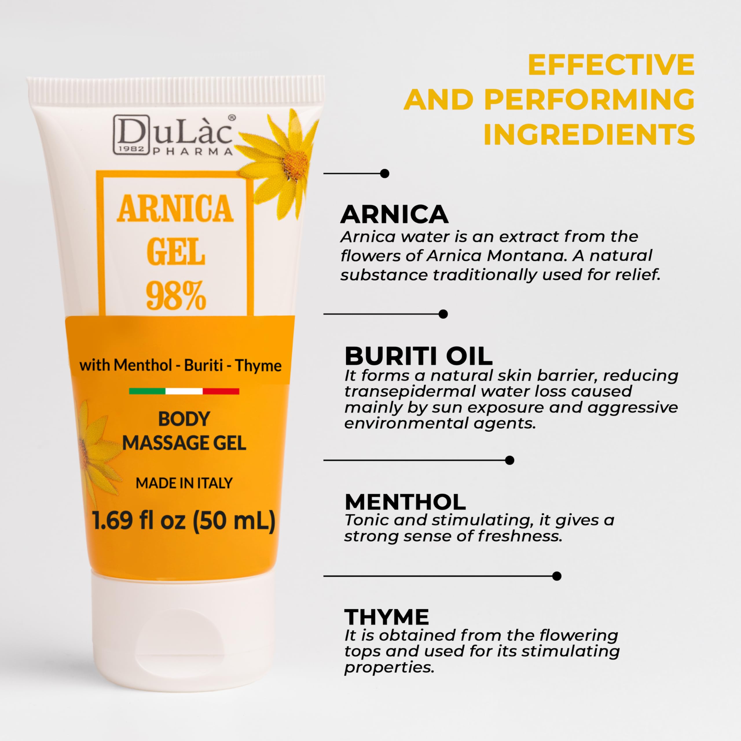 Dulac Arnica Body Massage Gel – Water-Based Cosmetic Massage Gel with Arnica Montana, Fast-Absorbing Lightweight Texture, Non-Greasy Feel, Dermatologically Tested, 1.7 Fl Oz DULÀC FARMACEUTICI 1982Au supplements
