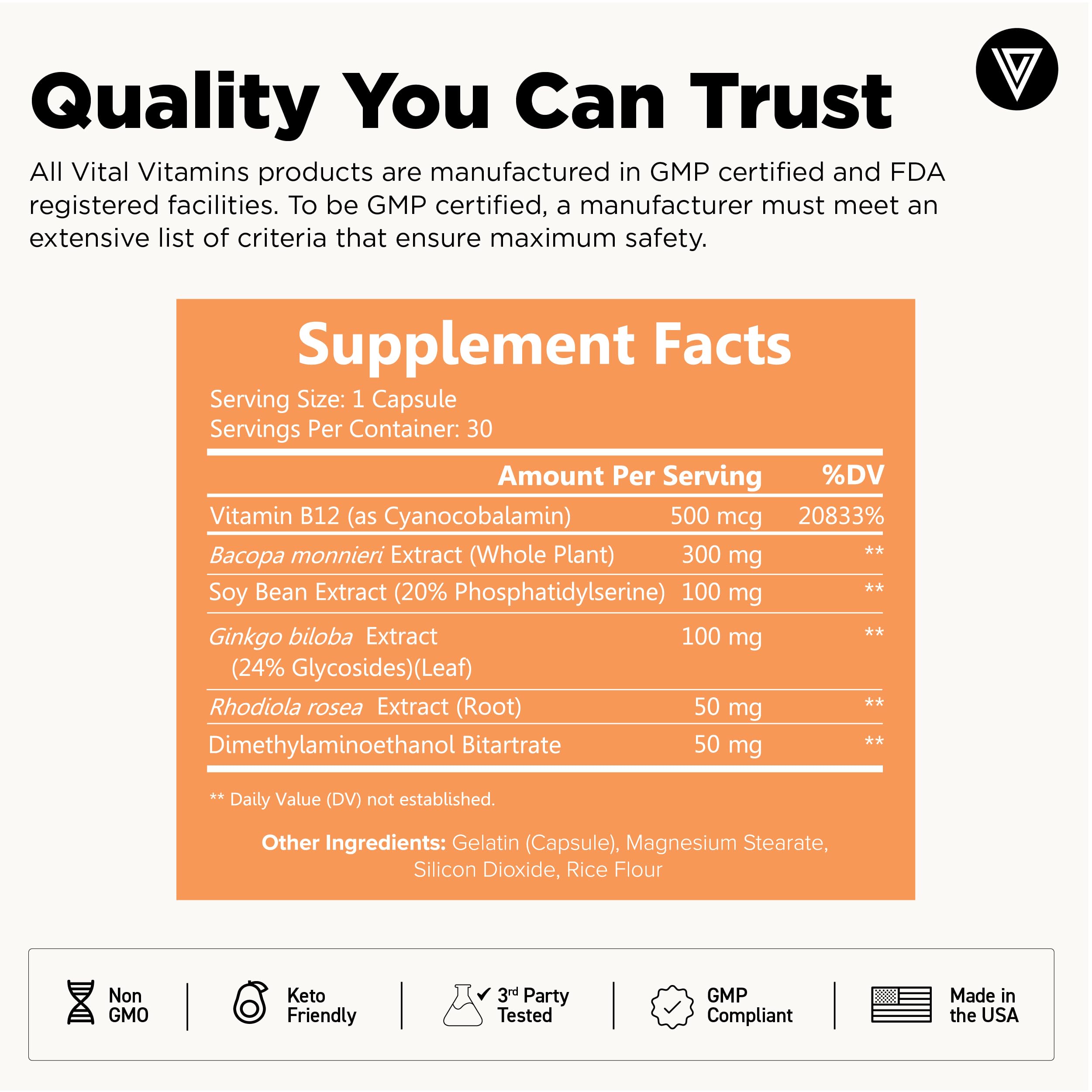 Vital Vitamins Brain Supplements with Bacopa Monnieri - for Memory and Focus – Nootropic Brain Booster - Caffeine-Free Support for Adults & Seniors – Non-GMO, 30-Day Supply, 30 Capsules Vital VitaminsAu supplements
