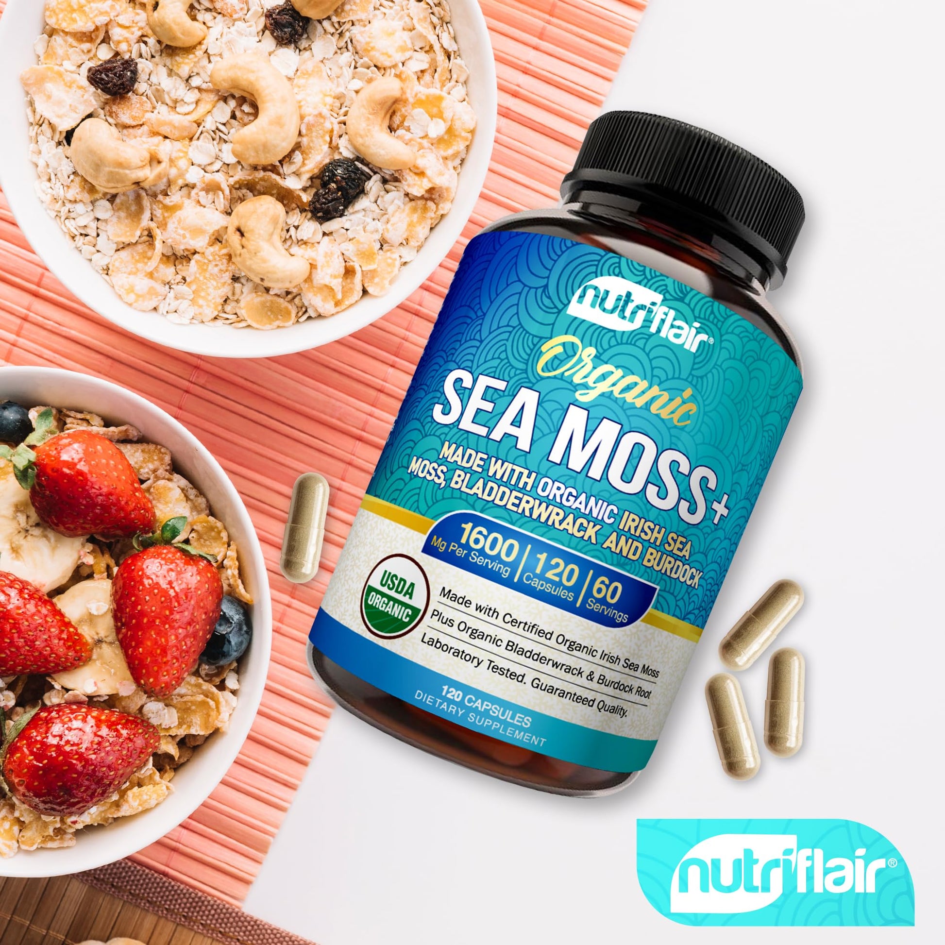 NutriFlair Organic Sea Moss 1600mg, 120 Capsules Plus Bladderwrack & Burdock - Prebiotic Super Food - Immune System & Digestive Health - Thyroid, Healthy Skin, Keto Detox, Gut NutriFlairAu supplements