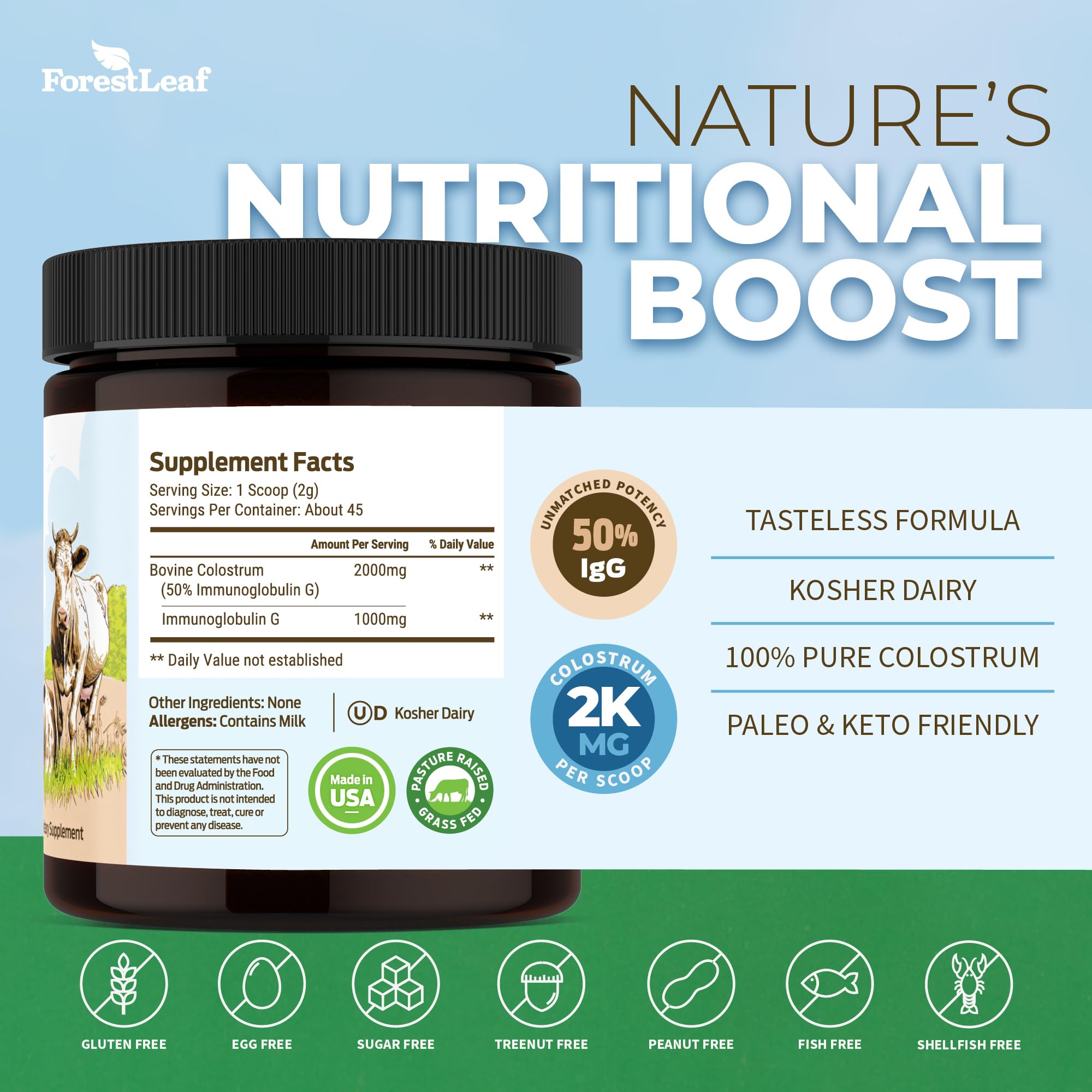 ForestLeaf Colostrum Powder 50% IgG Highest Pure Concentration, Grass Fed Colostrum Supplement for Gut Health, Immune Support and Muscle Recovery, Bovine Colostrum for Humans, Unflavored, 45 Servings ForestLeafAu supplements