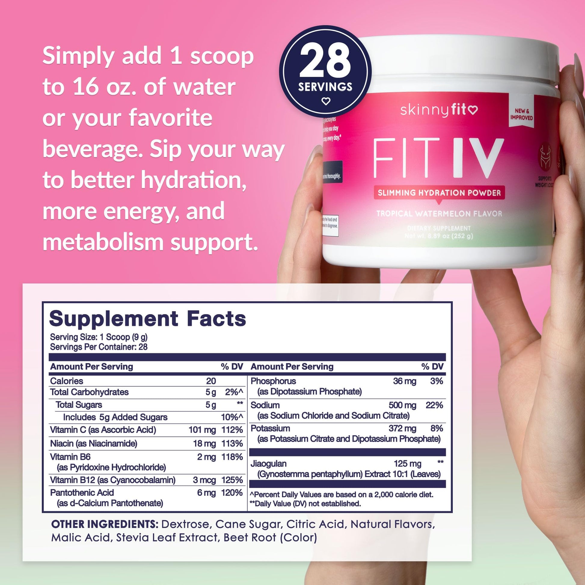 SkinnyFit - Fit IV Slimming Hydration Powder, Tropical Watermelon (Jar, 28 Scoops) - New & Improved Formula - Electrolytes, Vitamin C, Vitamin B3 - Vegan, Gluten Free, Dairy Free - Beauty & Self Care SkinnyFitAu supplements